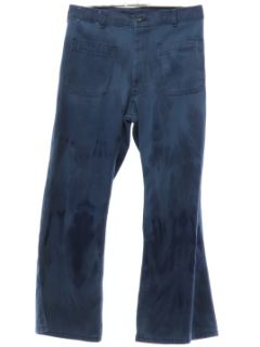 1970's Unisex Navdungaree Grunge Marble Fade Seafarer Navy Denim Bellbottoms Jeans Pants