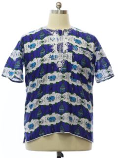 1990's Mens Embroidered Elephant Print Tunic Shirt