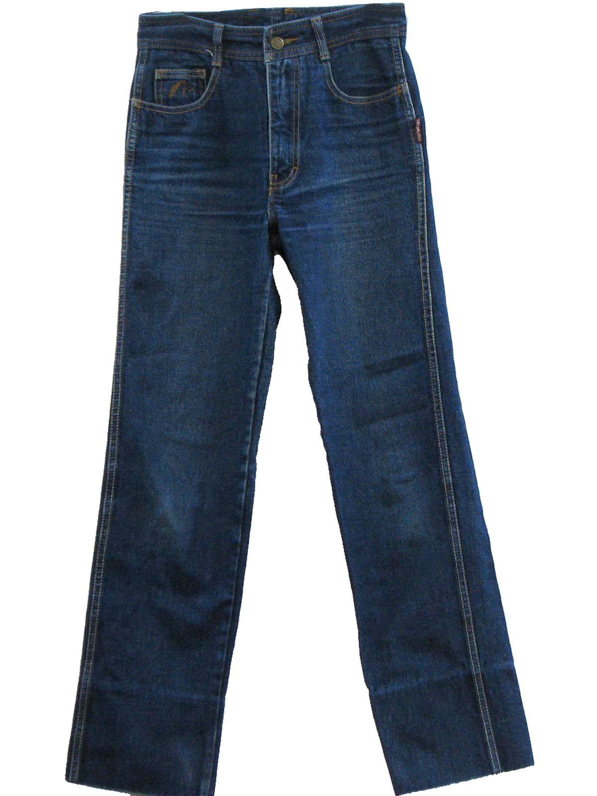 Retro Pants (Jordache) : 80s -Jordache- Mens blue cotton five pocket style straight leg jeans pants. Contrasting top stitching on the seams and detailed back pockets, Jordache logo on the