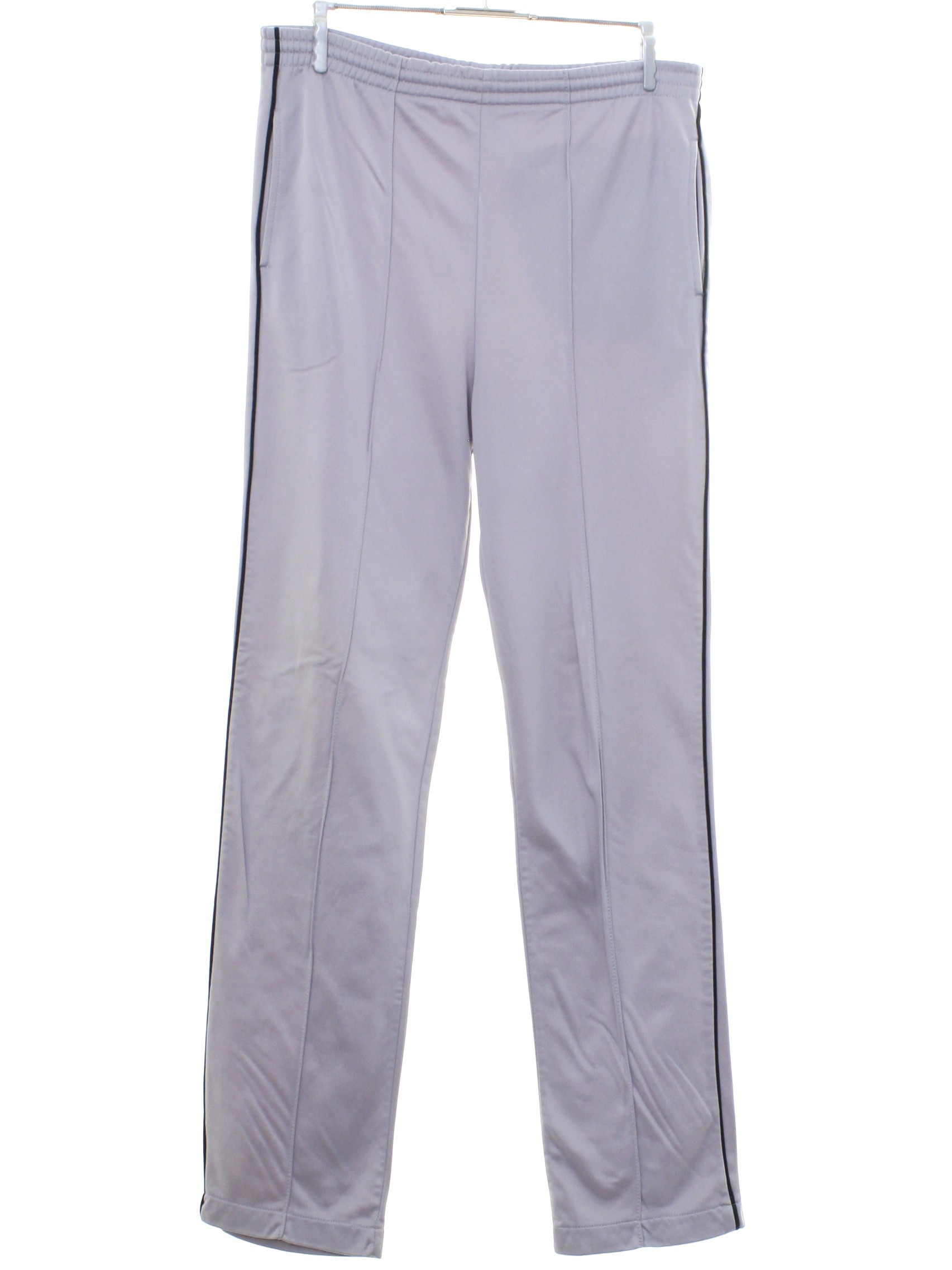 Pacific Scene Eighties Vintage Pants: Late 80s or Early 90s -Pacific Scene-  Mens light grey and black polyester and acetate blend jogging pants. Piping  stripe down the outside of the legs, inset