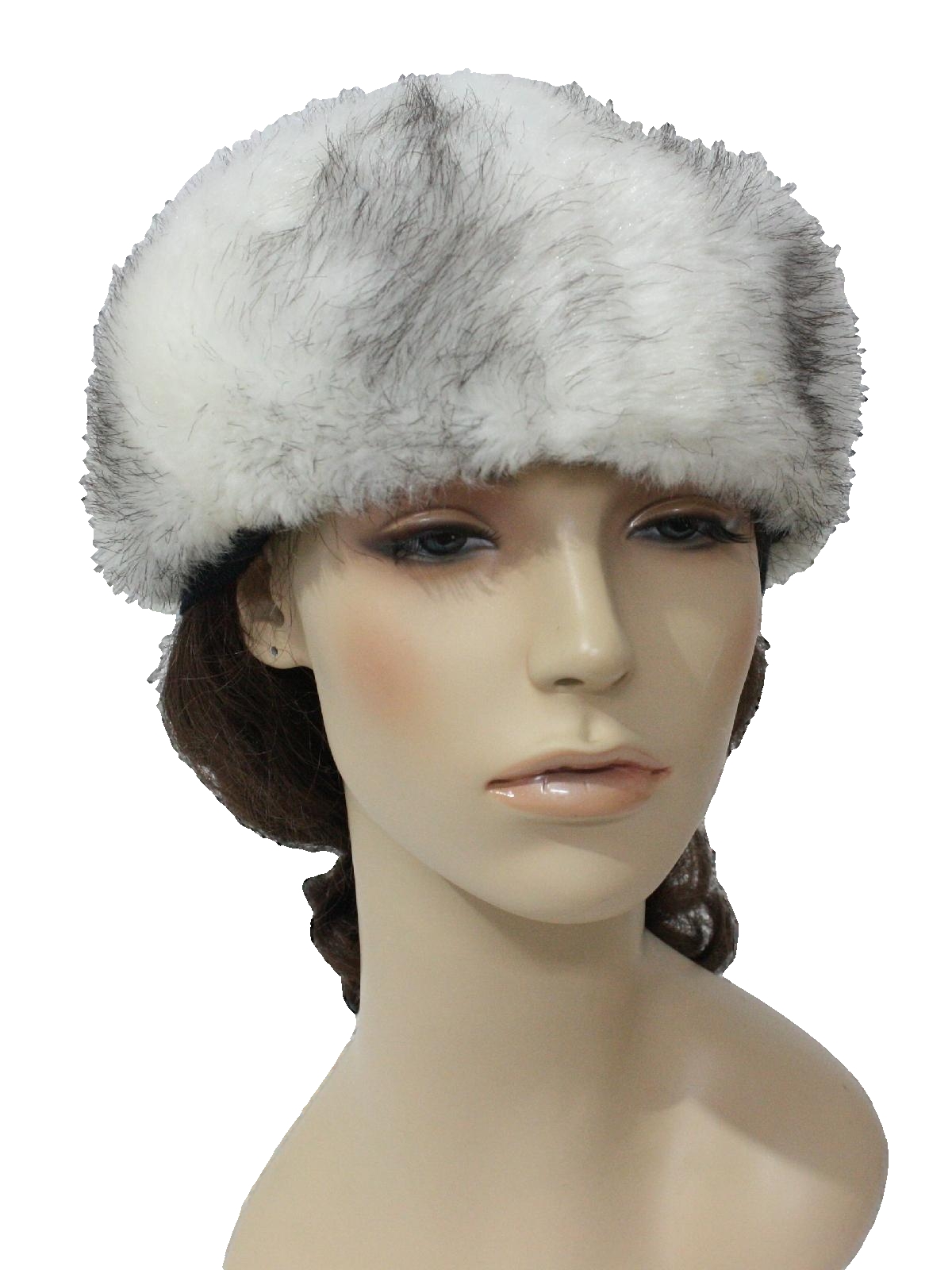 1960s Vintage Hat: 60s -No Label- Womens off-white, silver gray, dark brown, acrylic fake fur ...