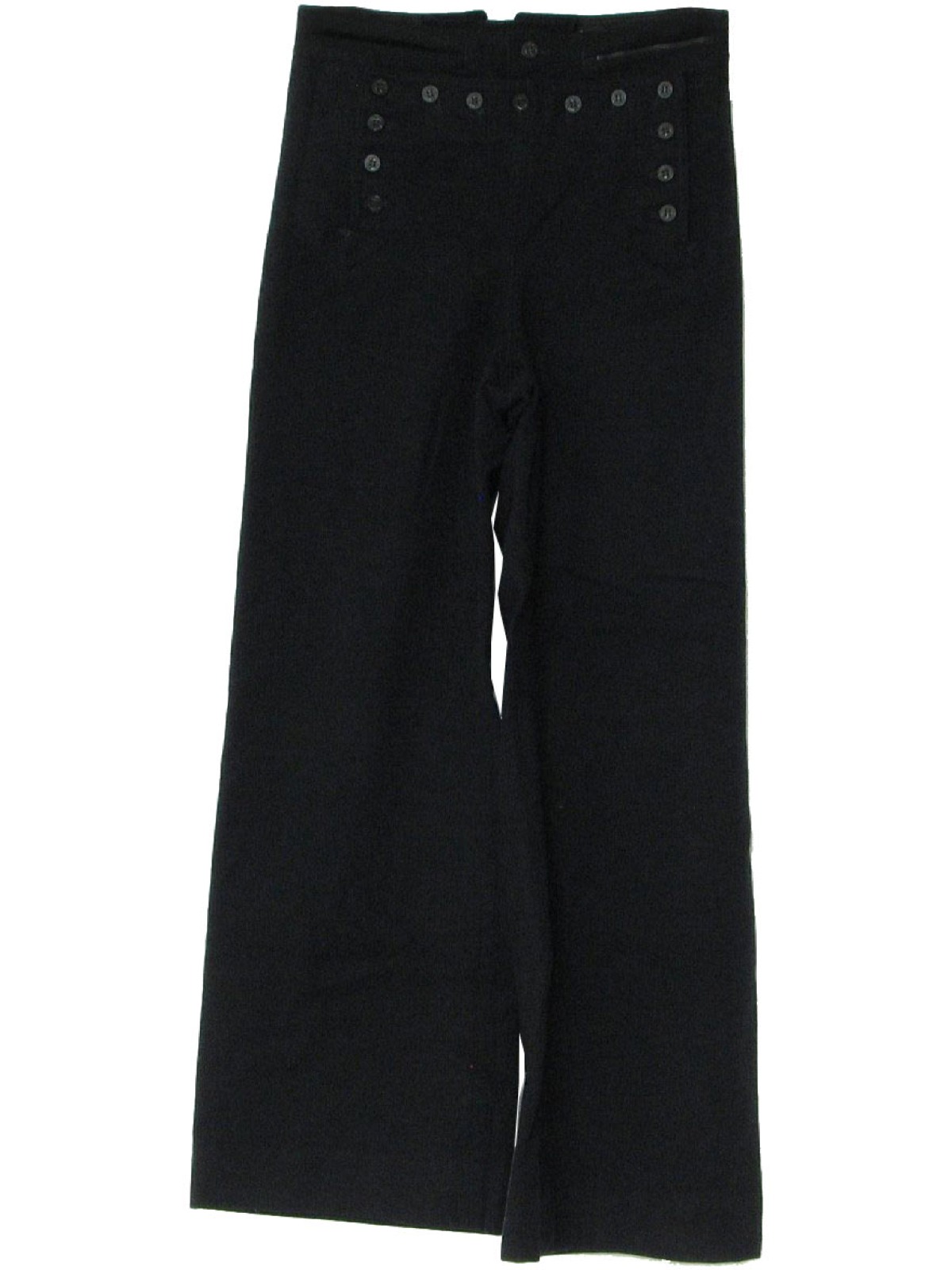Retro 1960's Bellbottom Pants (Navy Issue) : 60s -Navy Issue- Mens midnight  blue, soft wool bell bottom pants. Thirteen button style with front flap,  four front pockets, and laced drawstring adjustment at