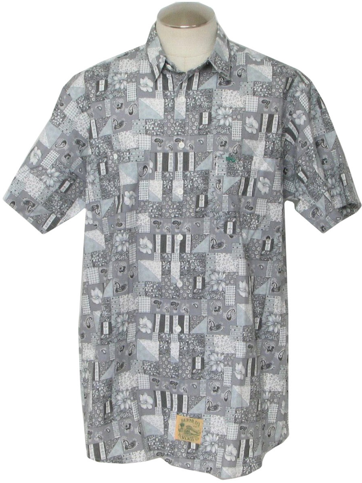 1990's Retro Hawaiian Shirt: 90s -Bermuda Railway- Mens gray, white ...