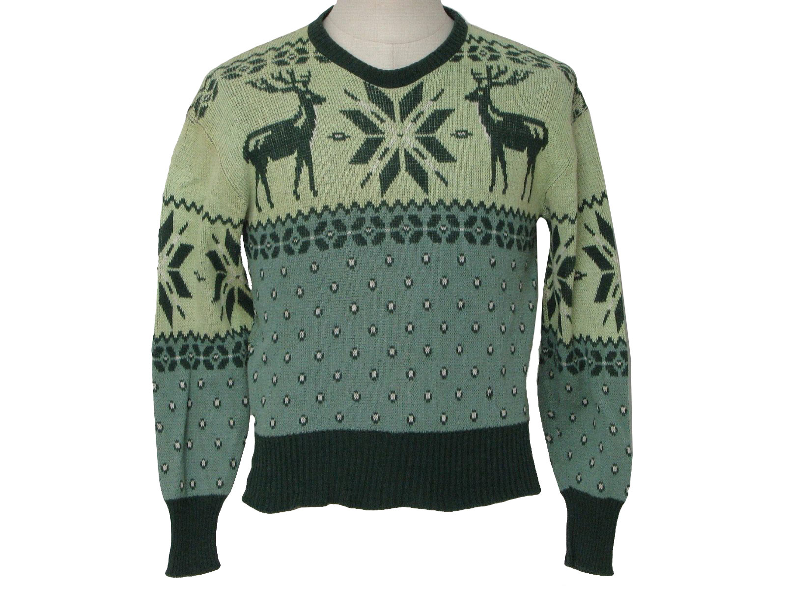Sportclad J C Penney 1940s Vintage Sweater Late 40s Sportclad J C Penney Mens sea green dark green beige cotton figurative knit reindeer sweater with longsleeves pullover styling ribbed knit waistba...