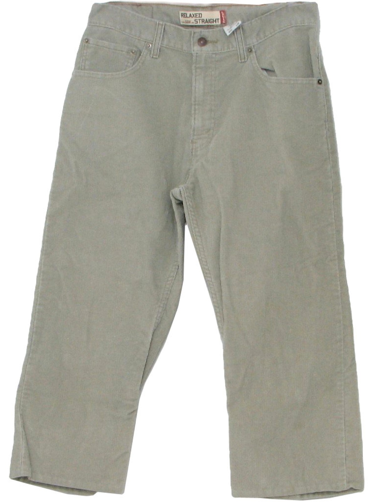 90's Levis 559 Pants: 90s -Levis 559- Mens khaki grey thin pinwale cotton  and polyester corduroy pants with classic five pocket cut, button/zip  closure and relaxed straight leg. Altered to wader length.