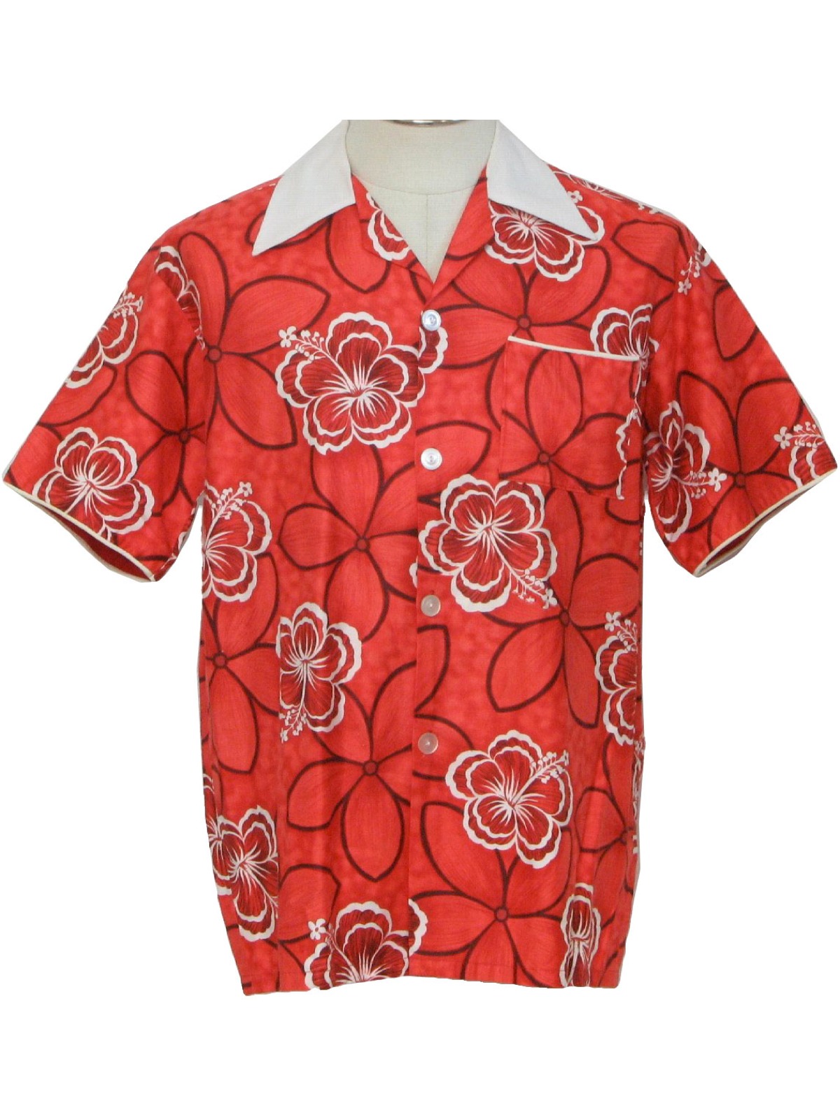 Retro 70s Hawaiian Shirt: 70s -No Label- Mens black, coral, red, white ...