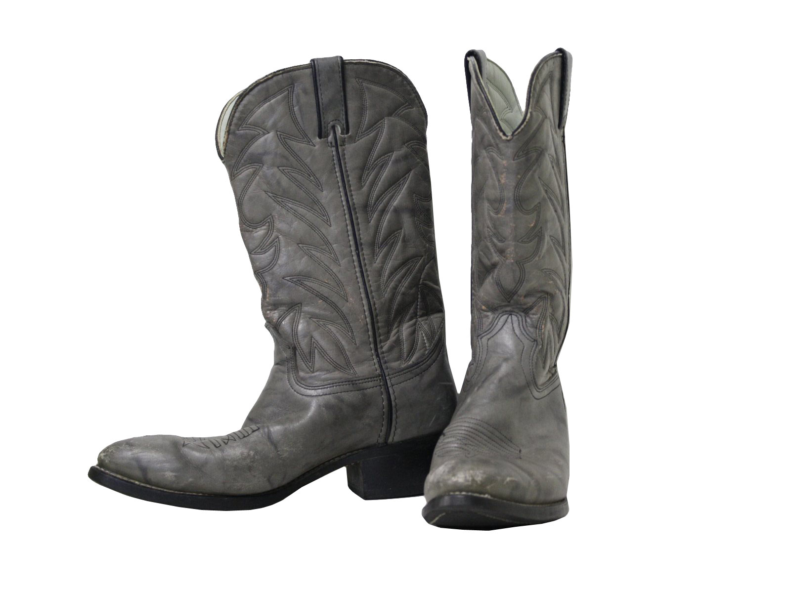 Durango 1980s Vintage Shoes 80s Durango Mens grey classic cowboy boots with stitched shaft pointed toes and side pulls. Boots have a 9 inch shank. The boots have faint scratching and faded