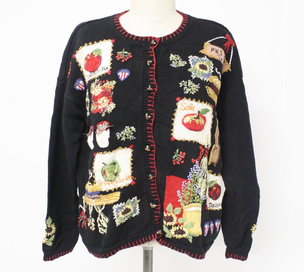 Excel Opmærksom diamant Womens Ugly Non-Christmas Sweater: -Heirloom Collectibles- Womens black,  red, blue, yellow, green, brown, purple, white, and orange ramie and cotton  longsleeve button up ugly sweater with apples, flowers, pies, and spoons.  Want