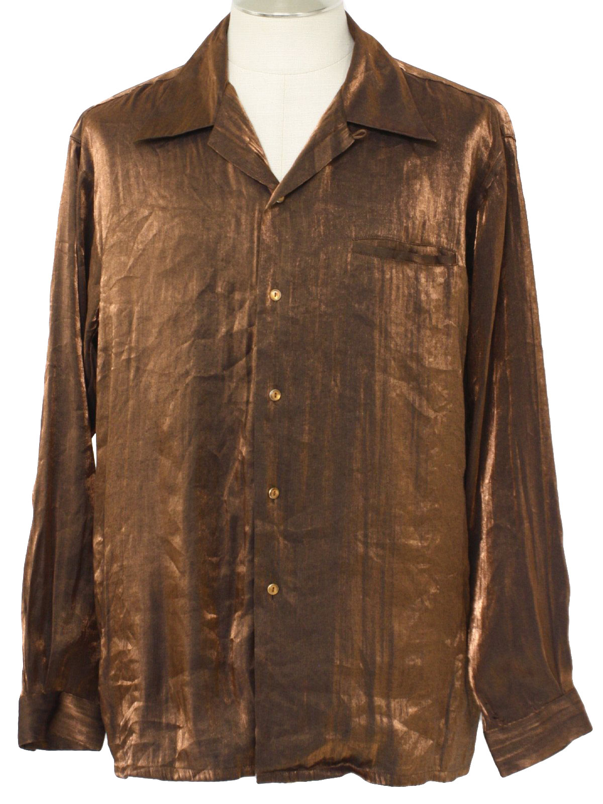 1970's Disco Shirt (Pronti): 70s -Pronti- Mens copper rayon and ...
