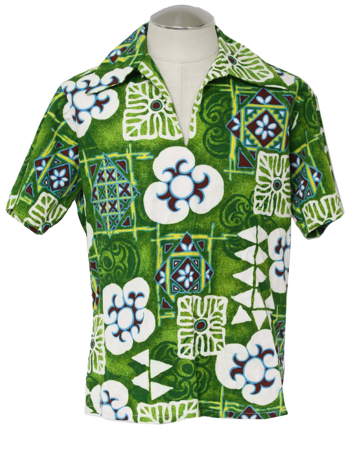 Retro 1970s Hawaiian Shirt: 70s -No Label- Mens greens, white, yellow ...