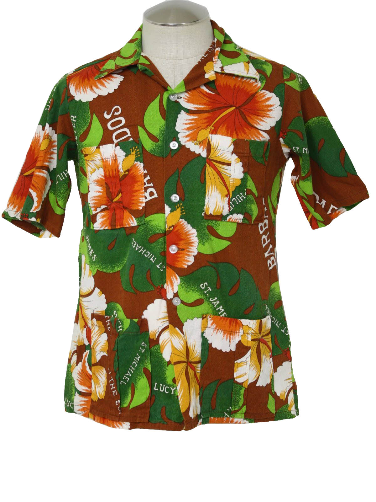 Vintage 1970's Shirt: 70s -Bajan made in Barbados- Mens brown, greens ...