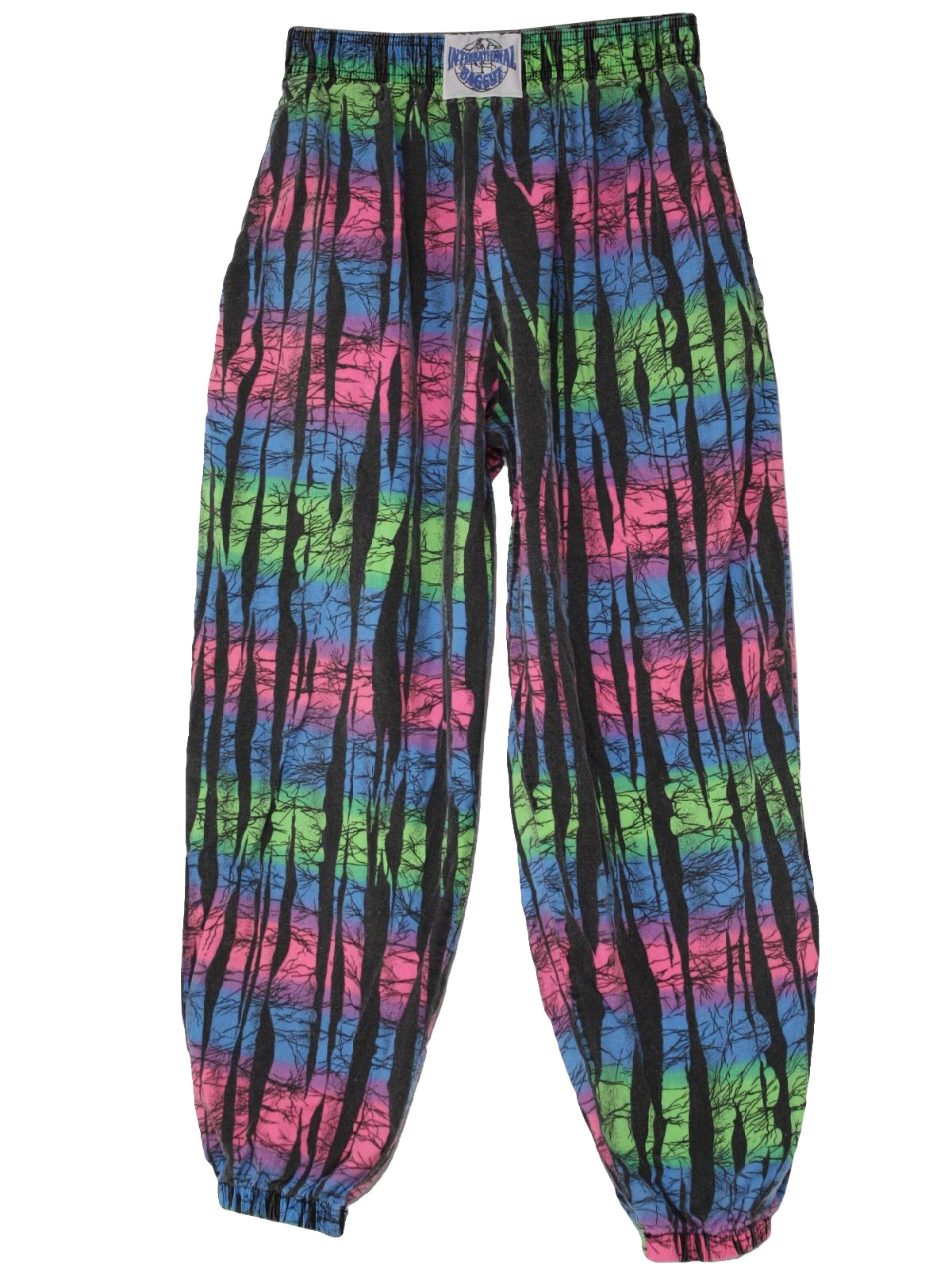 1980's Vintage International Baggyz Pants: 80s -International Baggyz- It  looks like a neon forest fire took place on these awesome totally 80s  cotton pants with elastic waistline, gathered elastic hems and two