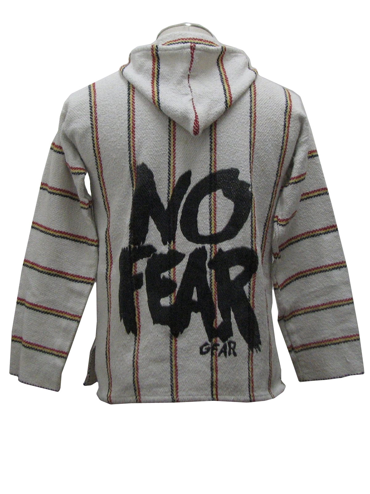 Retro 80s Jacket No Fear Late 80s or early 90s No Fear Mens white black and red acrylic blend woven pullover hippie baja jacket with striped pattern attached hood with ties
