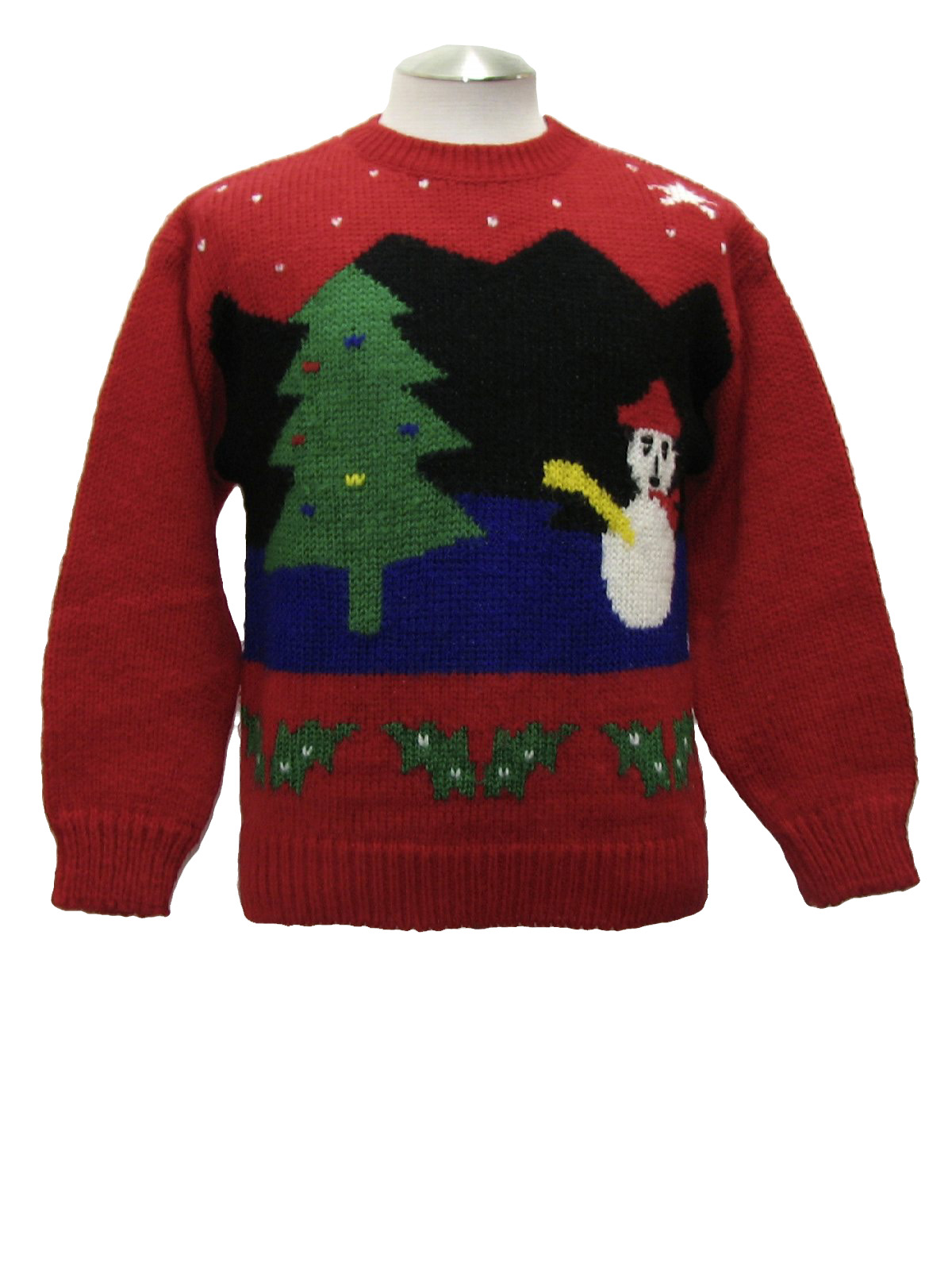 Allison Smith 1980s Vintage Ugly Christmas Sweater 80s Allison Smith Unisex red background acrylic longsleeve pullover ugly Christmas sweater round neckline with old school intarsia knit snowman a t...