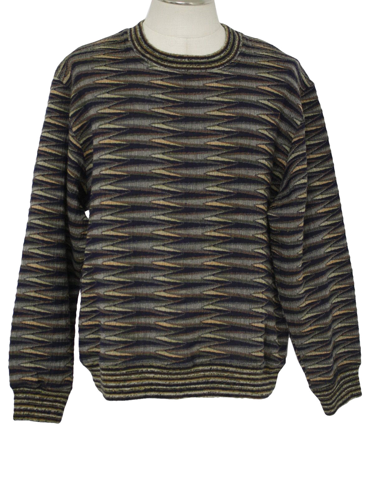 Jhane Barnes 80's Vintage Sweater: 80s -Jhane Barnes- Mens navy, green, orange and yellow wool ...