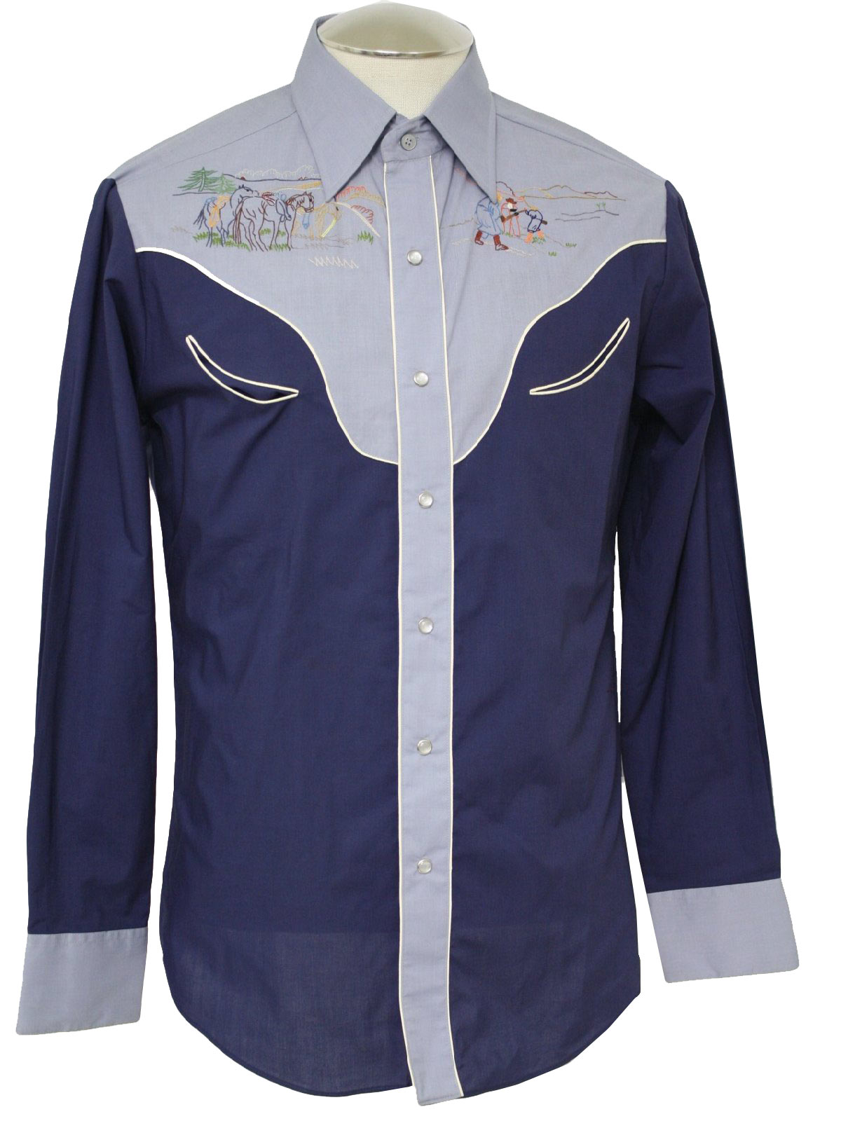 70's Kennington Cowboy Shirt: 70s -Kennington- Mens navy, light blue ...