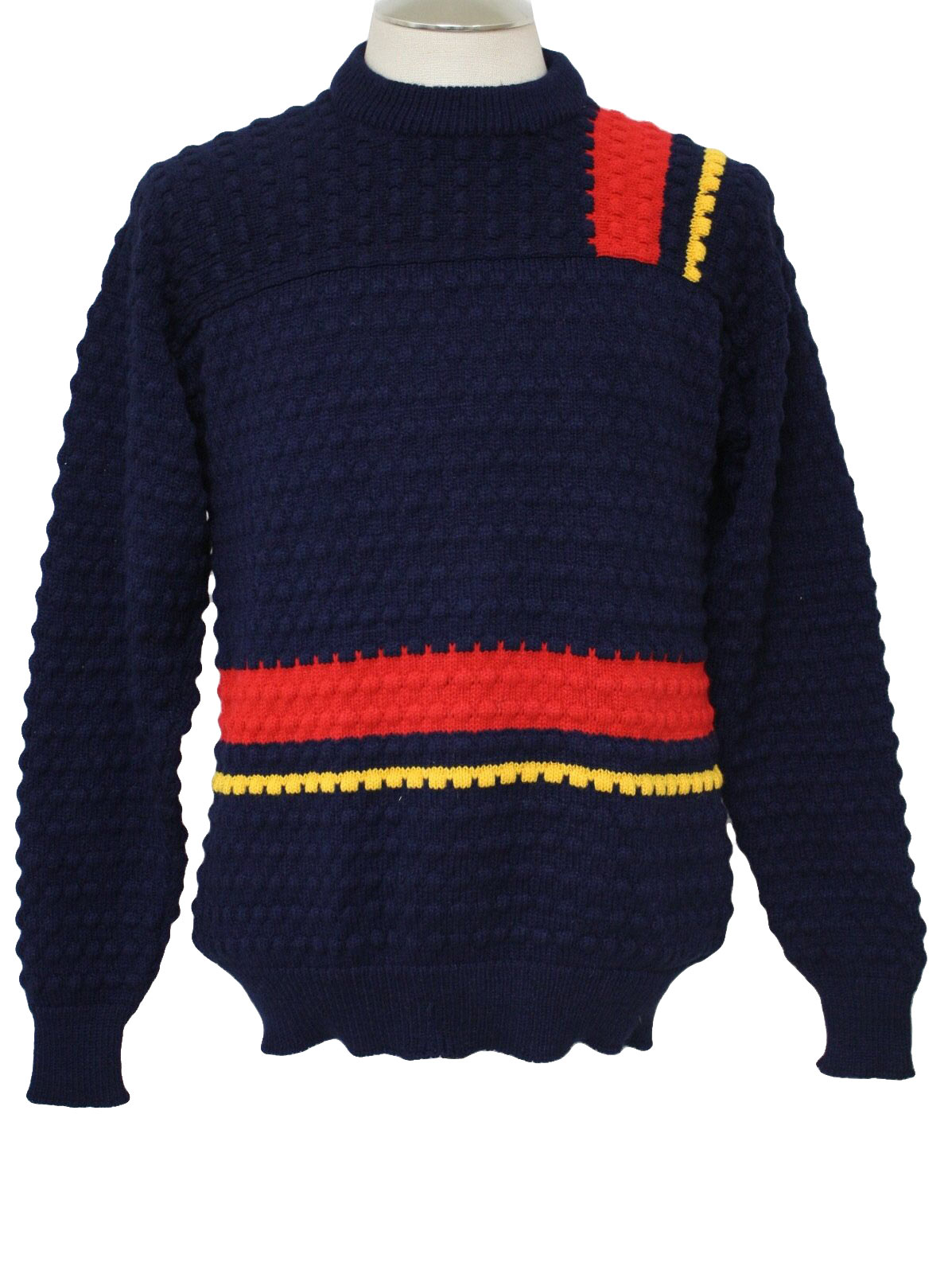 1980's Retro Sweater: 80s -Van Cort- Mens navy, red and yellow acrylic ...
