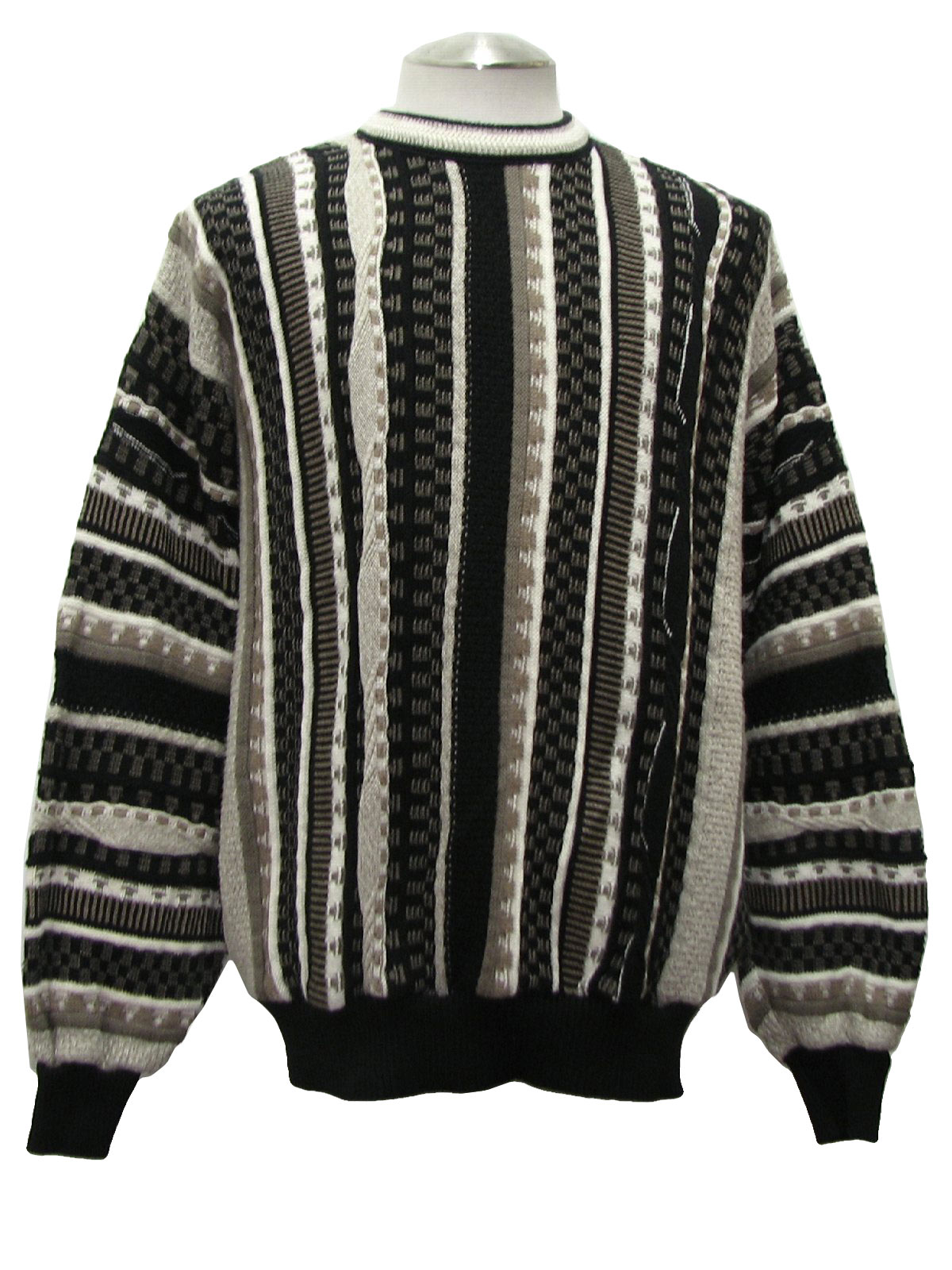 1980's Retro Sweater: 80s -Tundra- Mens white, tan, and black