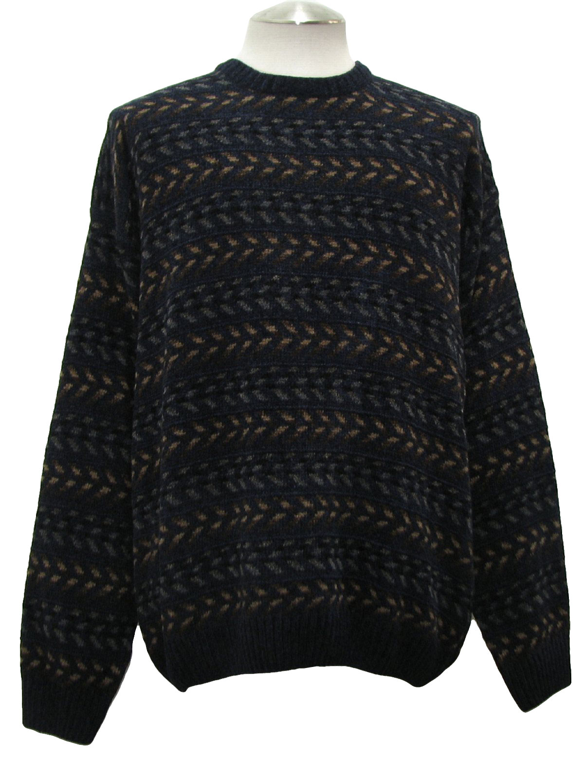 Vintage Geoffrey Beene Nineties Sweater: 90s -Geoffrey Beene- Mens dark blue, brown, tan, grey ...