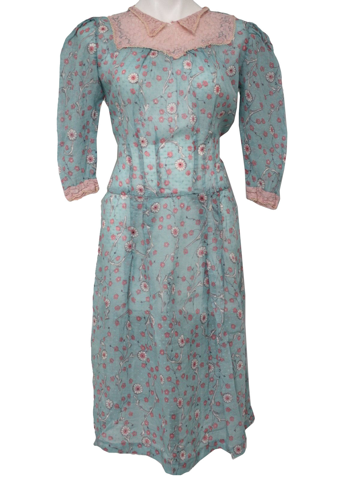 Vintage 1940's Dress: 40s -home sewn- Womens aqua, pink, grey and white ...