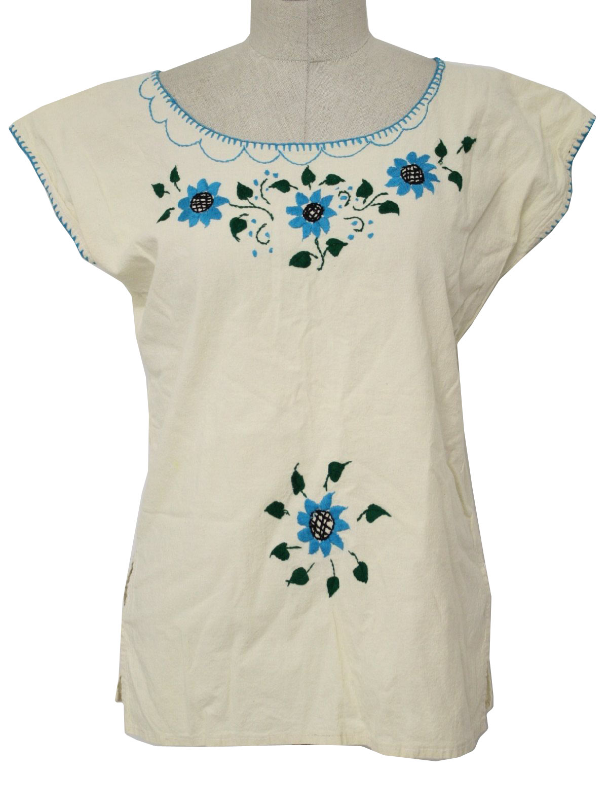 1970's Retro Hippie Shirt: 70s -Missing Label- Womens cream, blue ...