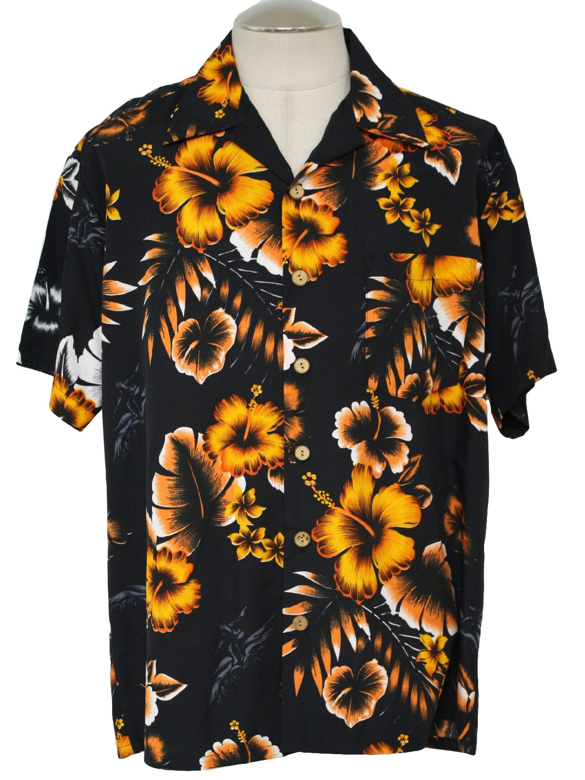 orange and black hawaiian shirt