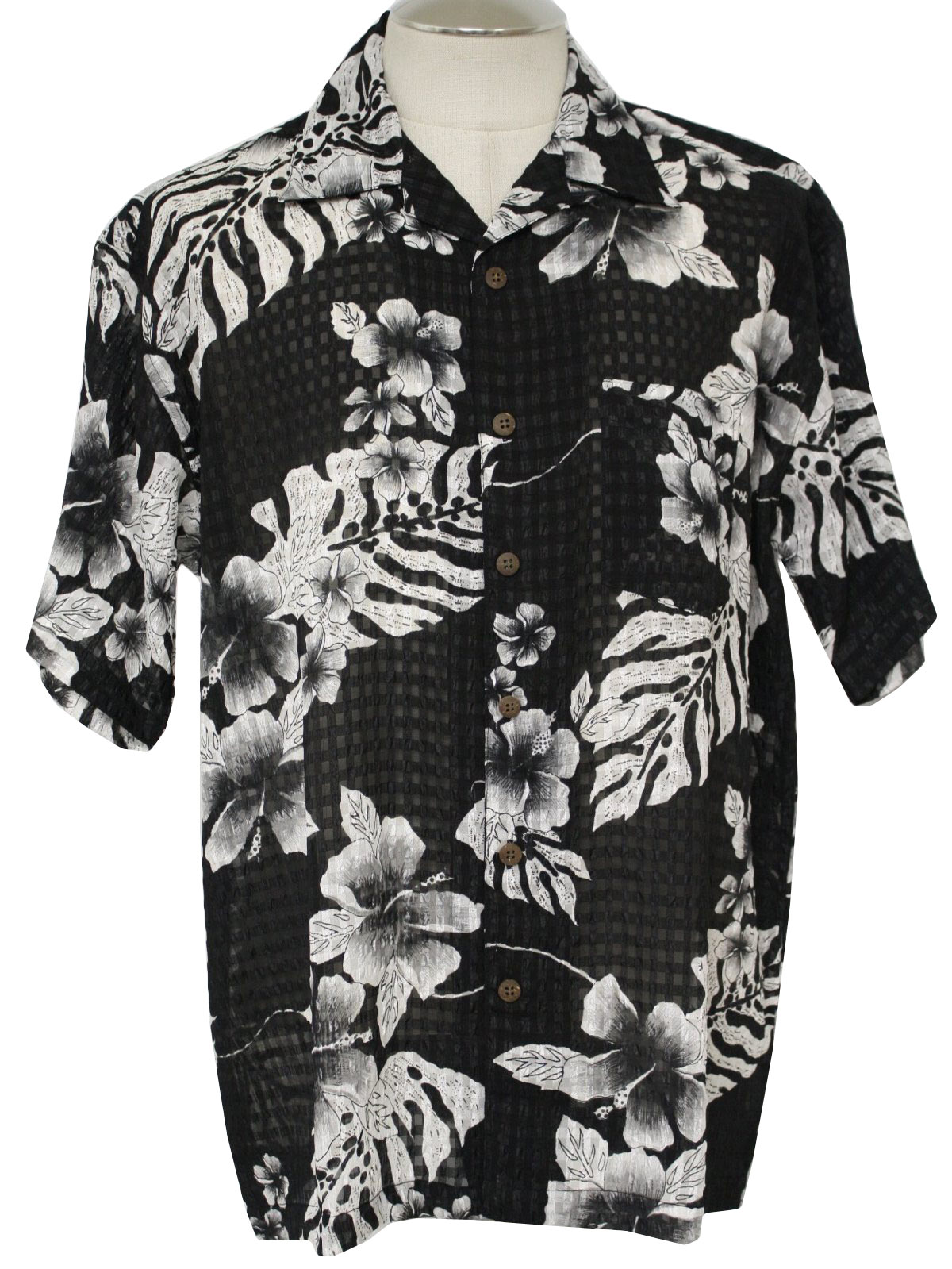 Vintage 1990's Hawaiian Shirt: 90s -Kennington- Mens black, white and ...