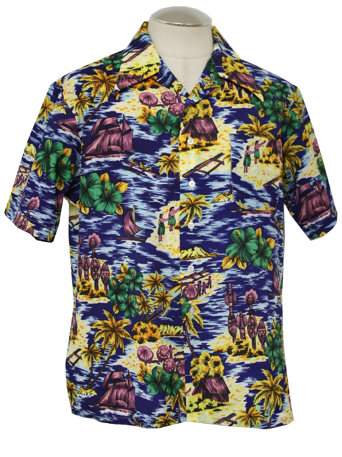 1970's Hawaiian Shirt (Aloha): 70s -Aloha- Mens white, navy blue, pale ...