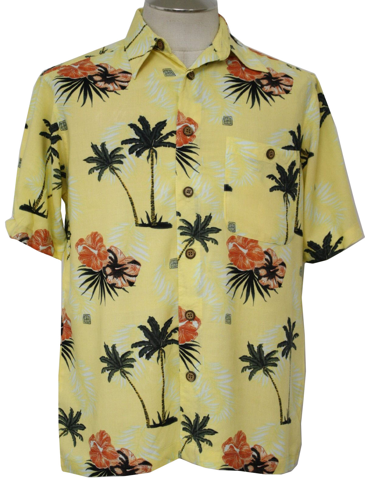 1990s Vintage Hawaiian Shirt: 90s -Knights bridge- Mens yellow, black ...