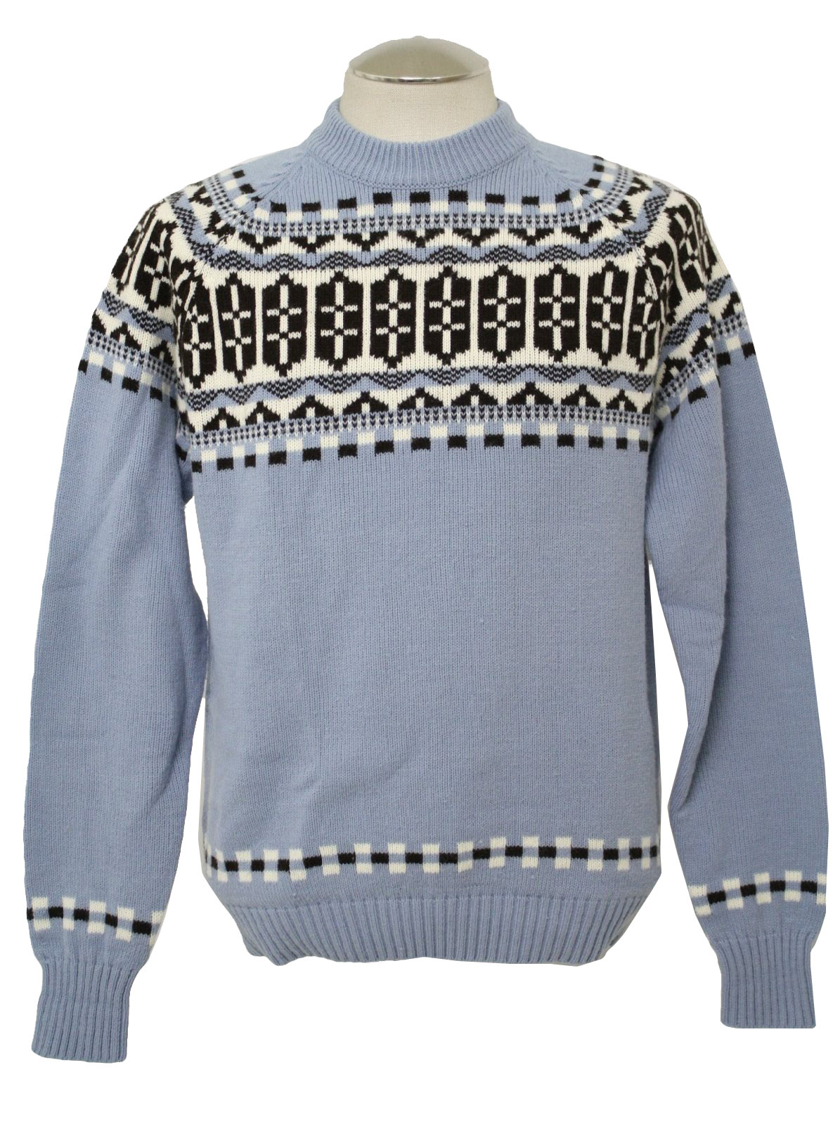 Vintage 1970's Sweater: 70s -Sigallo- Mens pale blue, black, white ...
