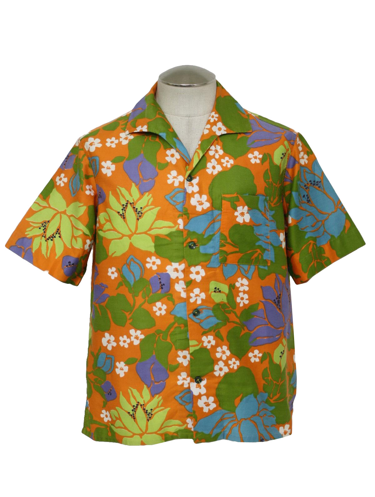 Retro 1960's Hawaiian Shirt: 60s -No Label- Mens orange, green, lilac ...