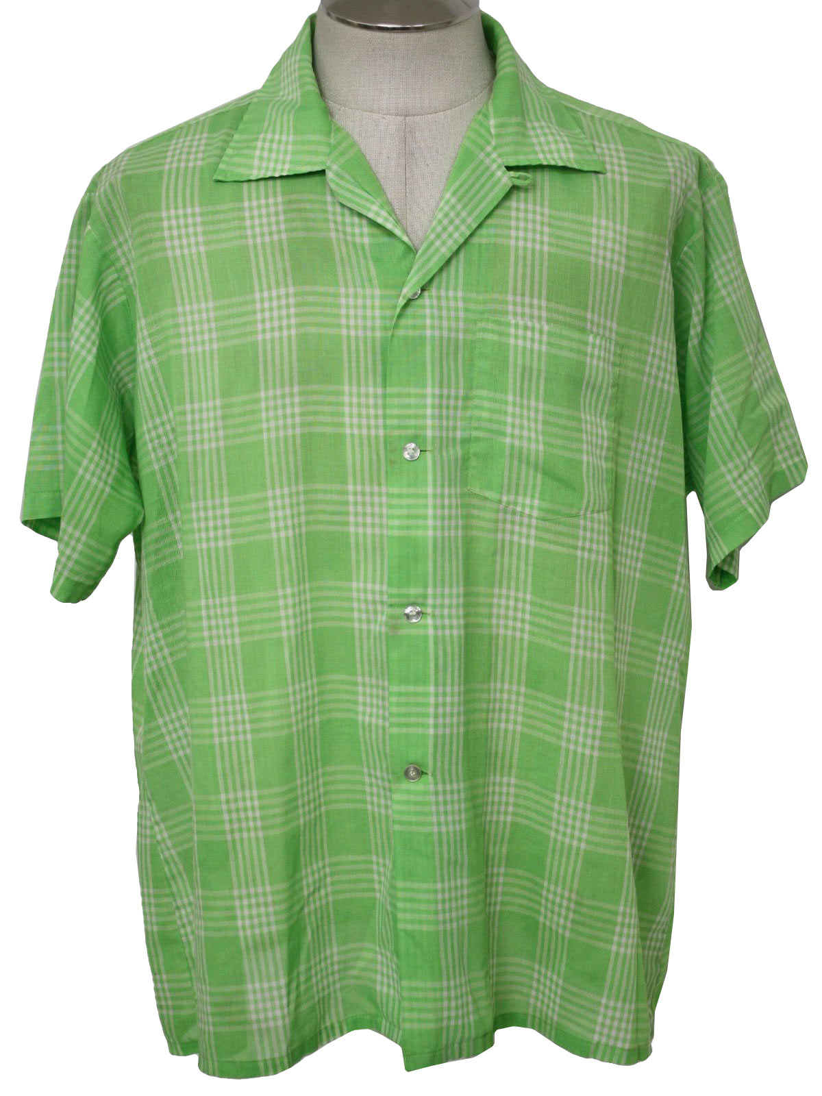 Vintage 60s Shirt: 60s -Arrow- Mens neon green and white cotton ...