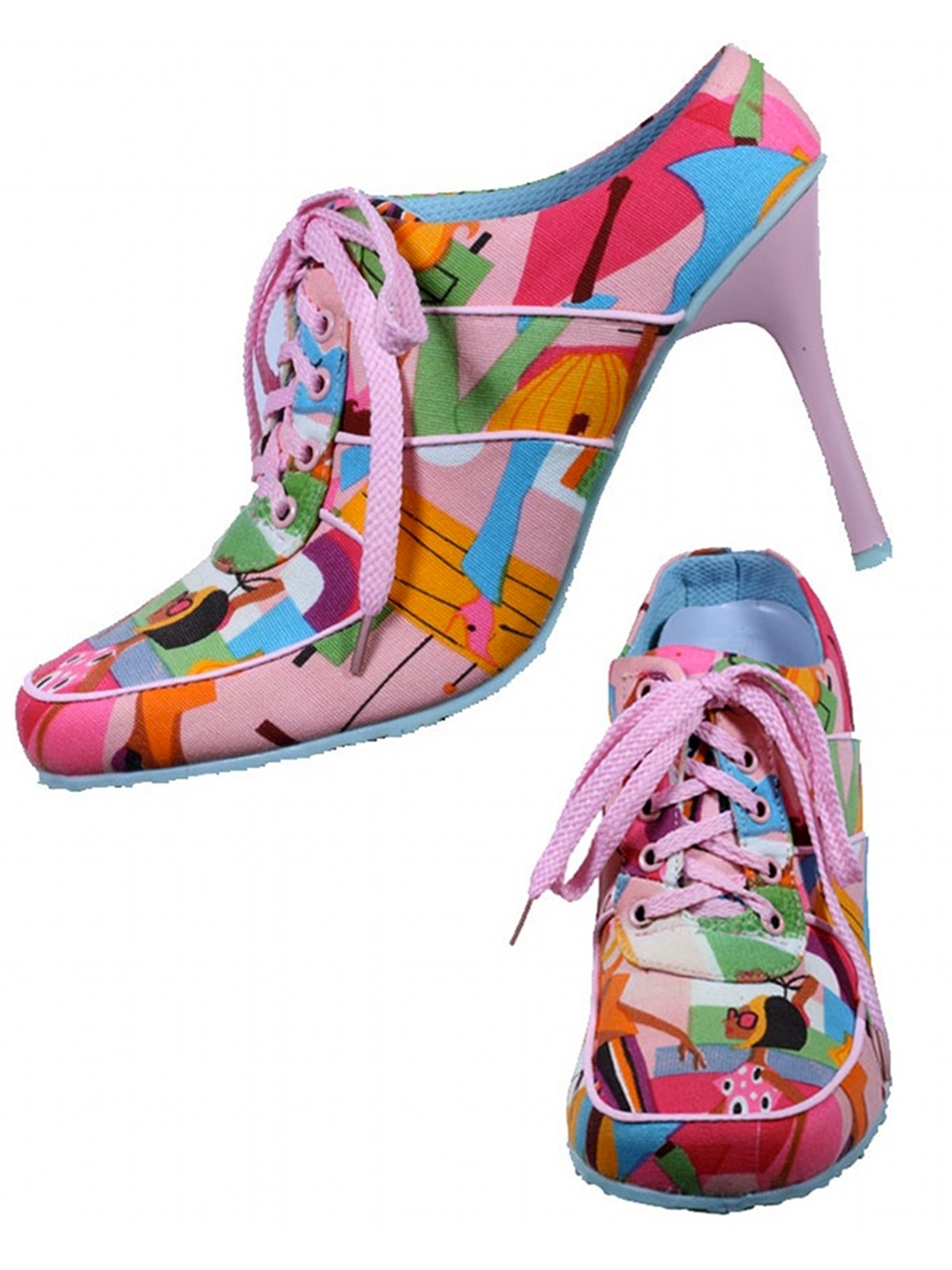 Shoes: 90s (Early 2000s) -Fuel- Womens pink, brown, turquoise white, and black retro swanky y print of fashionable women in colorful pants, and heels tennis style lace up shoes