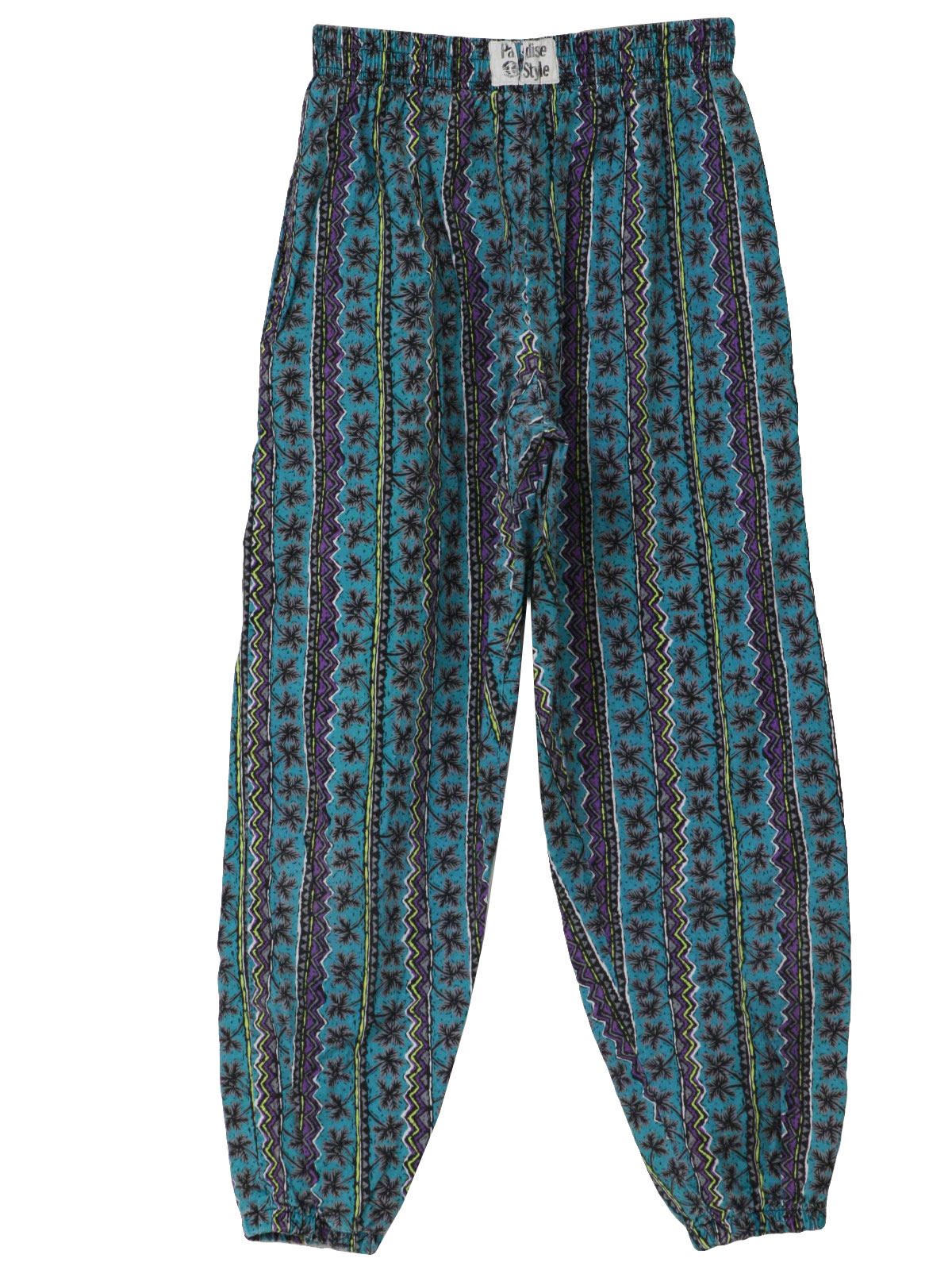 Retro 80's Pants: 80s -Paradise Style- Mens teal green, black, white,  purple, neon green and grey palm and zig zag vertical stripe print cotton  high waist totally 80s baggy pants with two