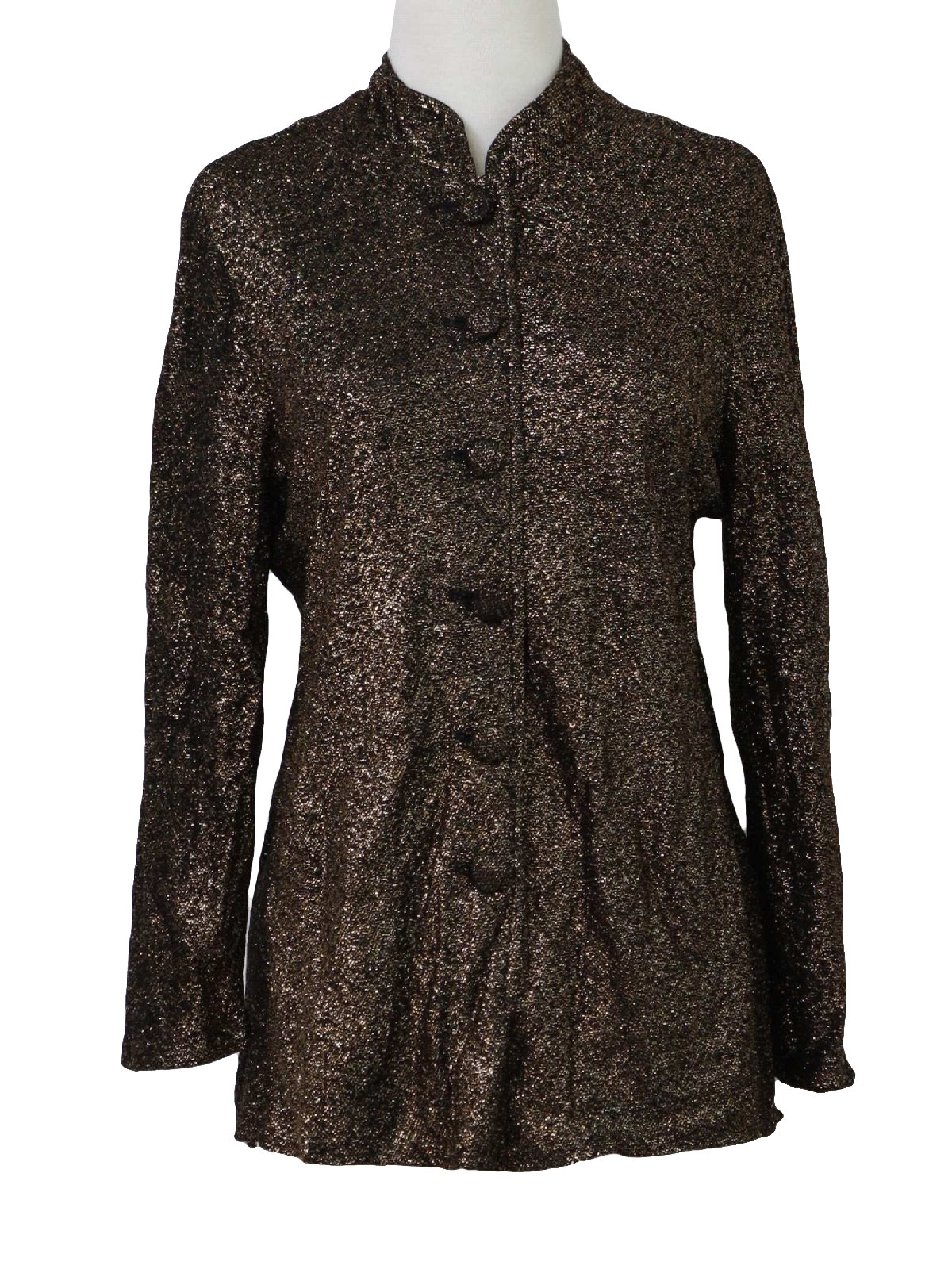 Vintage 1970's Jacket: 70s -care label- Womens black with woven in gold 
