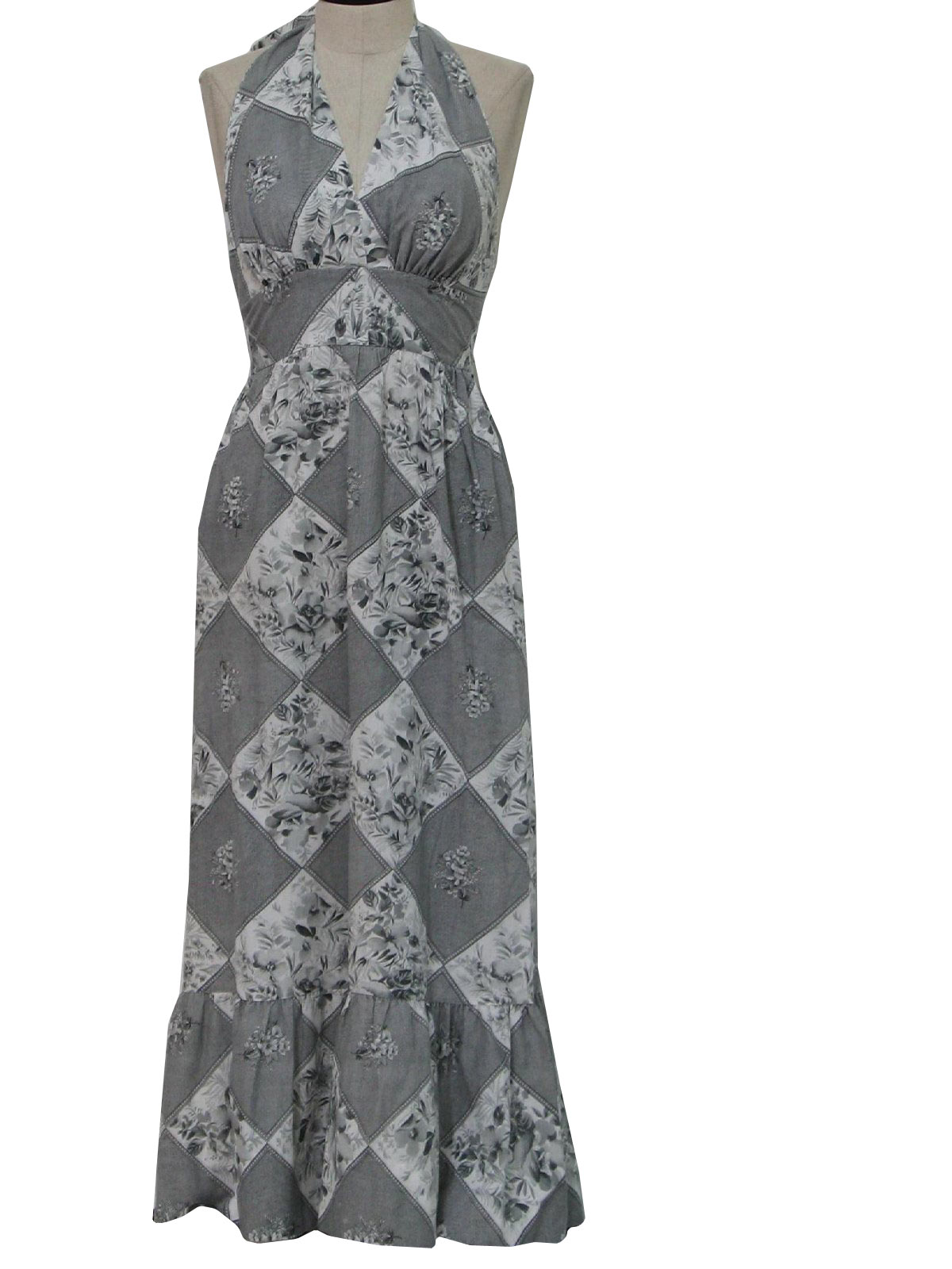 70's Hippie Dress: 70s -no label- Womens shaded grey floral and pattern ...
