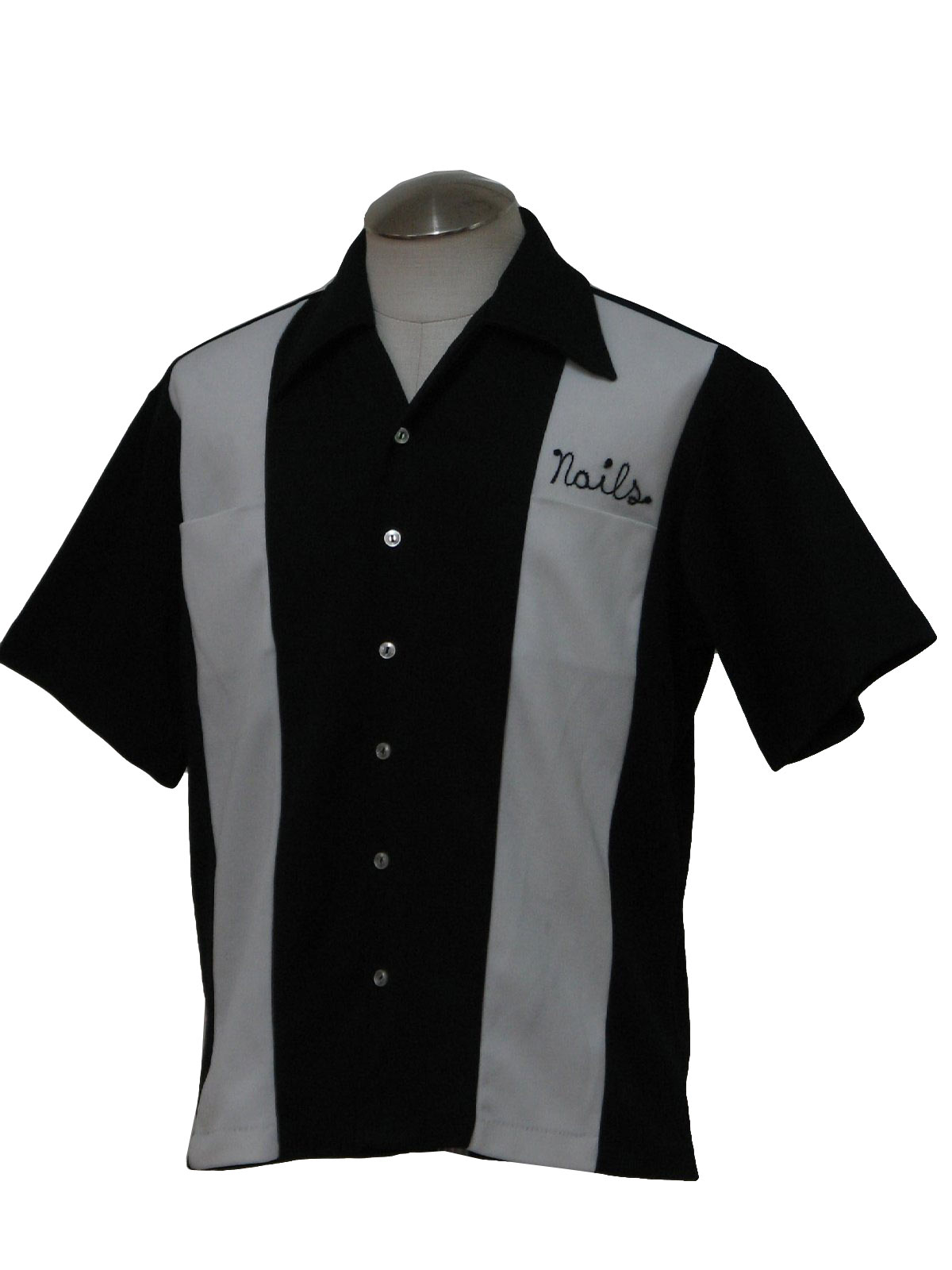 Retro 1970's Bowling Shirt: 70s -No Label- Mens black, white polyester ...