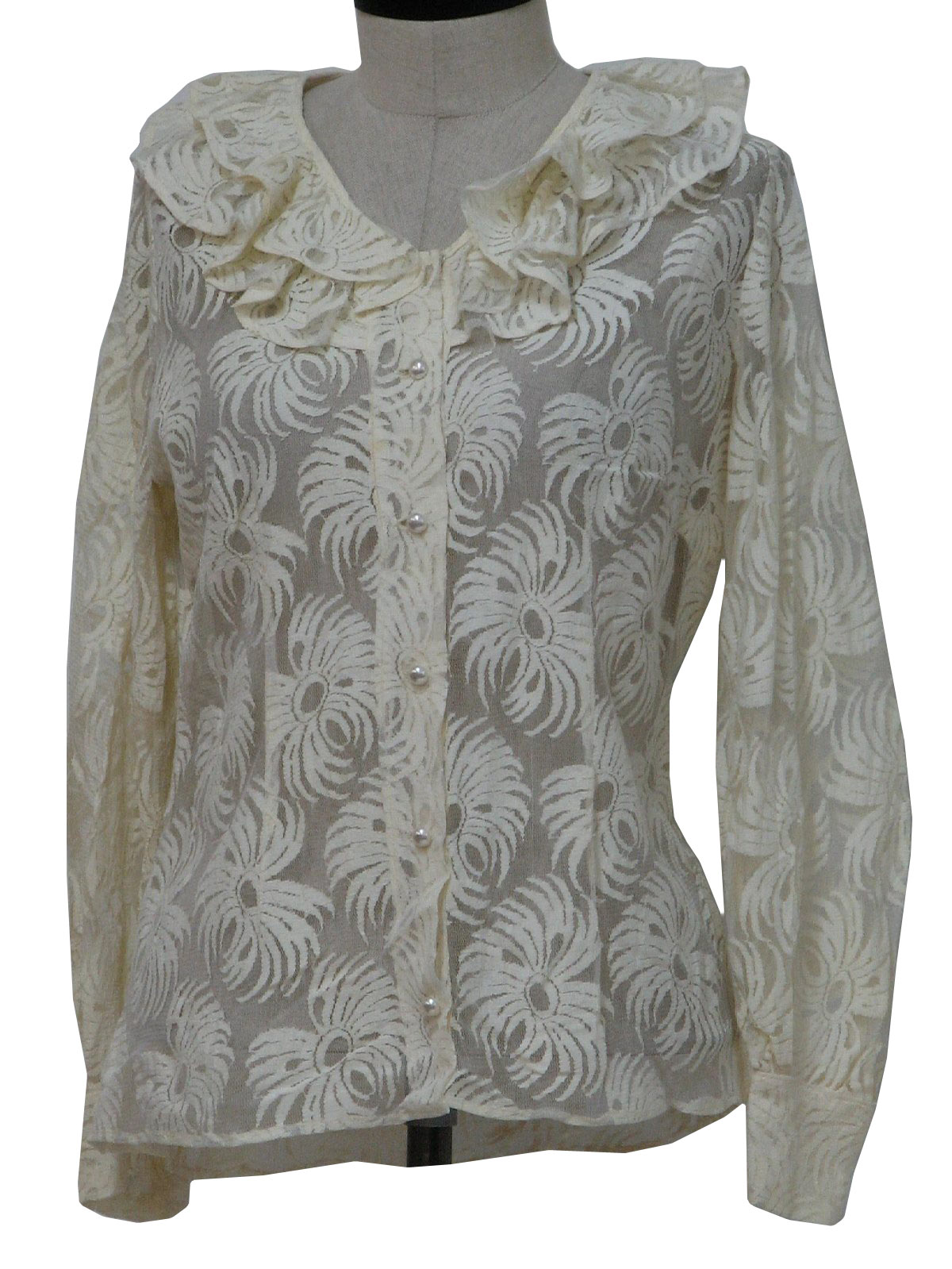60s Vintage Shirt: 60s -no label- Womens ivory polyester blend