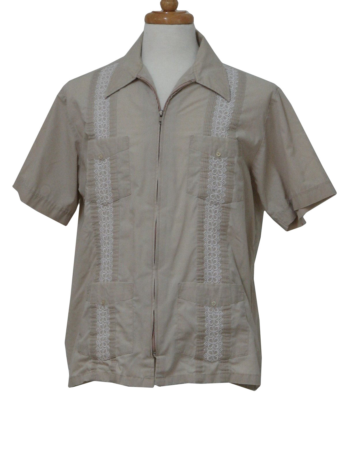 1970's Guayabera Shirt (Haband): 70s -Haband- Mens dark beige polyester ...