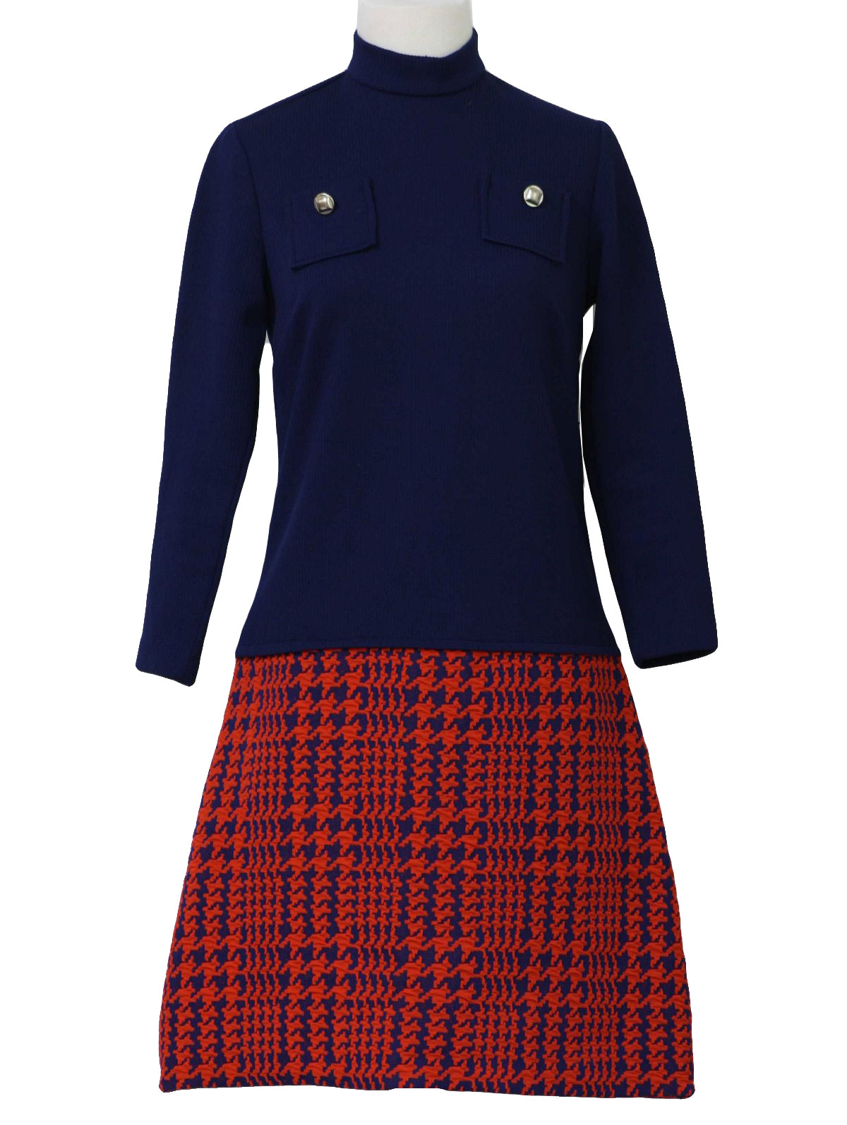 70s Retro Dress: 70s -Happenings- Womens navy blue rib knit and navy