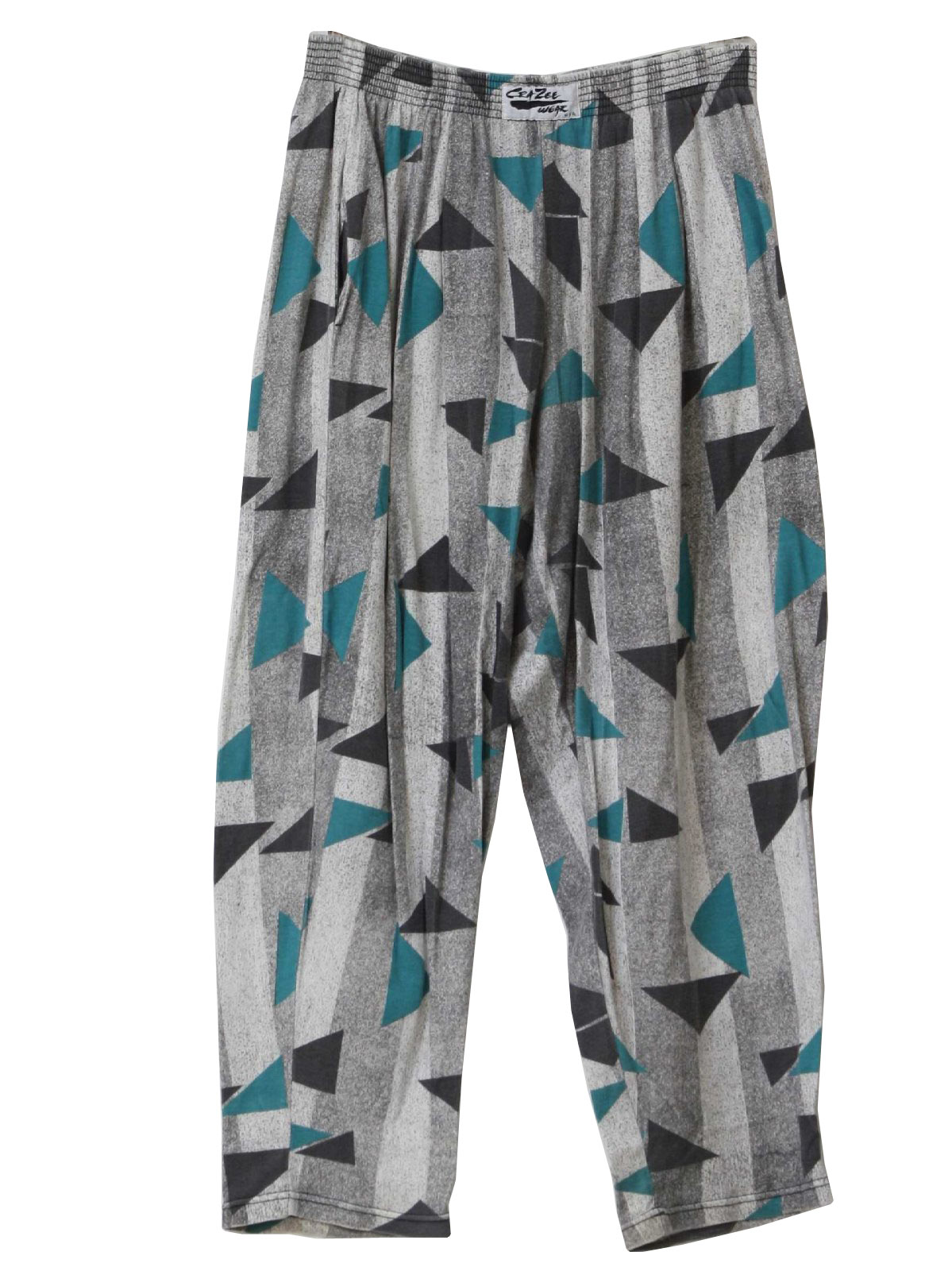 Eighties Vintage Pants: 80s -Crazee Wear- Mens teal, gray, black, light  gray cotton polyester knit striped geometric print totally 80s lounge pants  pullon pants with elasticized waistband, very full cut parachute style