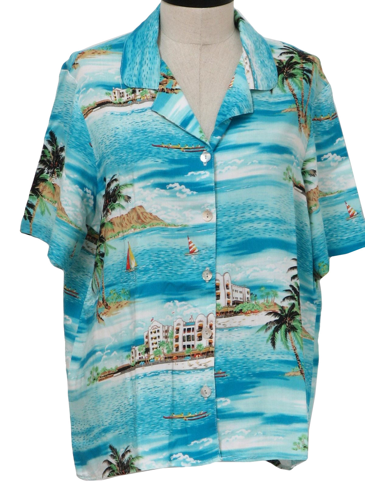 Eighties Vintage Hawaiian Shirt: 80s -Tapestry- Womens white sky and aqua  blues, tans, rust brown, yellow, mint greens, red, Royal Hawaiian Hotel and  Diamond Head, palms, with sea and sky print, drapey