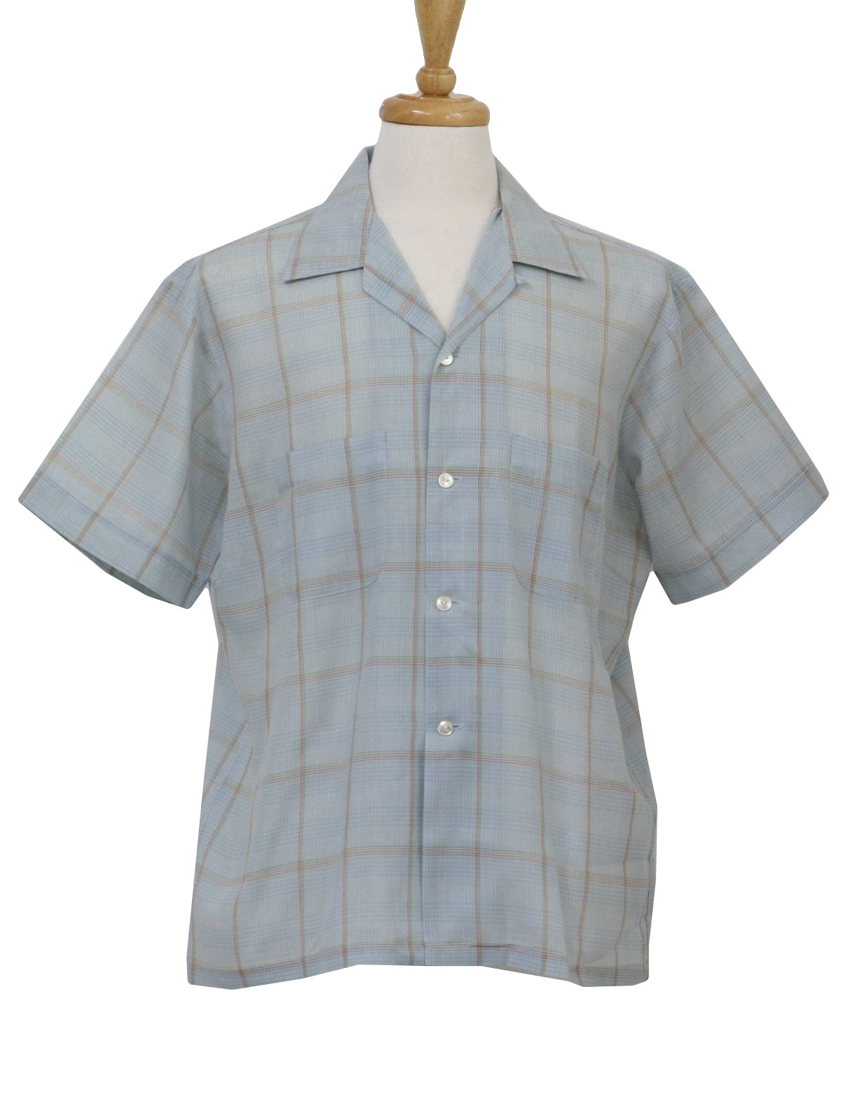 1960's Shirt: 60s -No Label- Mens pale blue, green, red, white plaid ...
