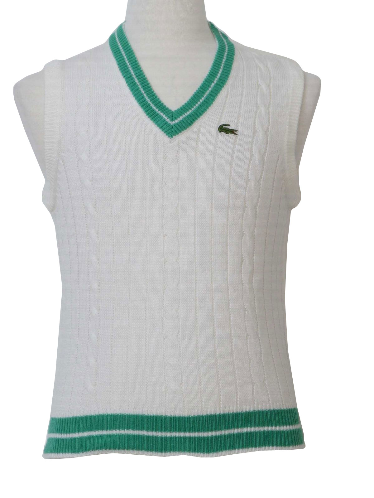 Eighties Vintage Sweater: 80s -Izod Lacoste- Mens white acrylic rib and  cable knit with mint green and white striped rib kit neck and waistband,  back is plain knit, totally 80s preppy V-neck