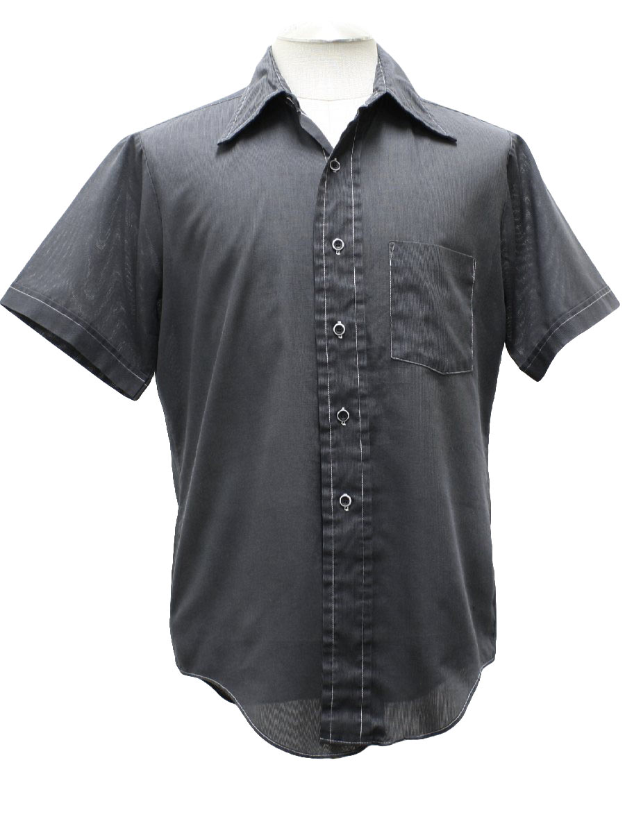 70's Shirt: 70s care label- Mens very dark grey with white topstitching ...