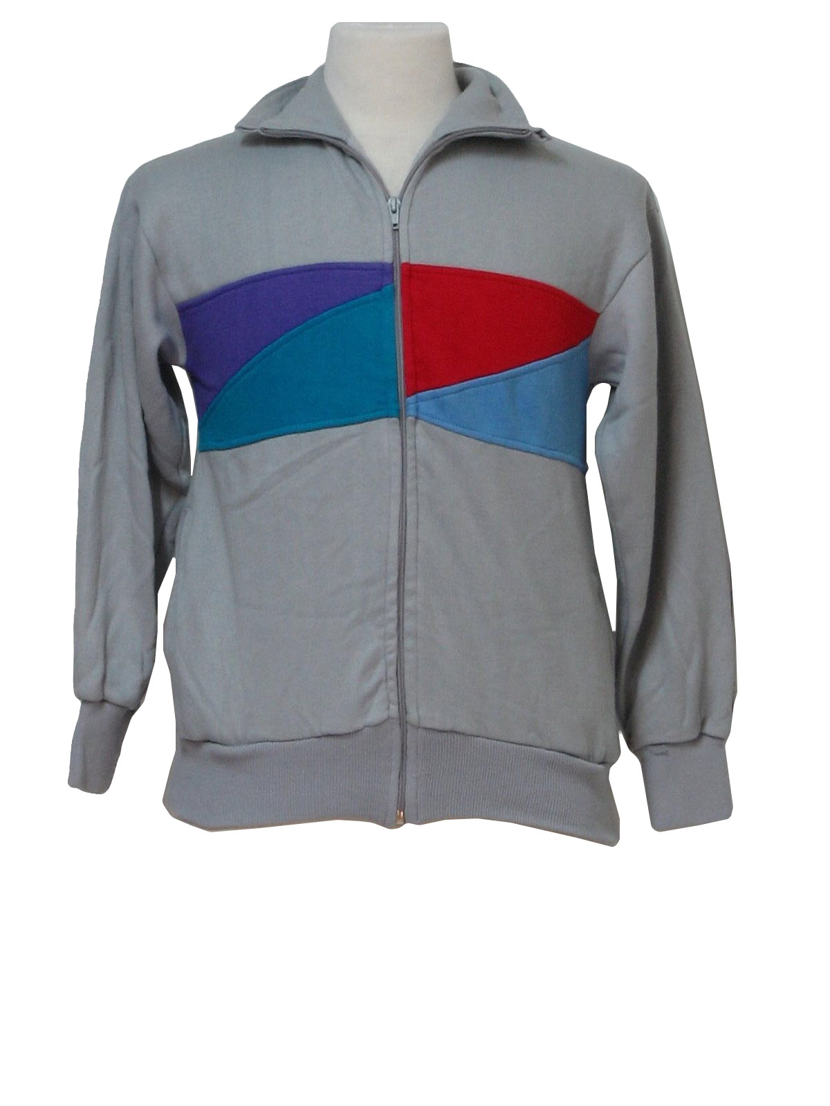 80s Jacket (Sportswear): 80s -Sportswear- Mens grey, blue, red, teal and  violet totally 80s color block print acrylic zip front longsleeve track  jacket with fold over collar, two lower inset pockets and
