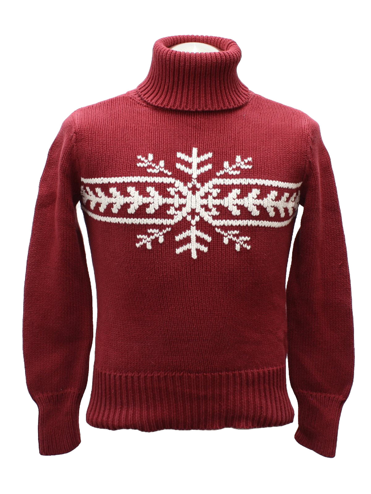 Womens Ugly Christmas Sweater: -Tommy Hilfiger- Womens or Girls wine and off white banded snowflake design ramie and pullover, longsleeve optional roll back cuffs ugly Christmas sweater with turtle neckline