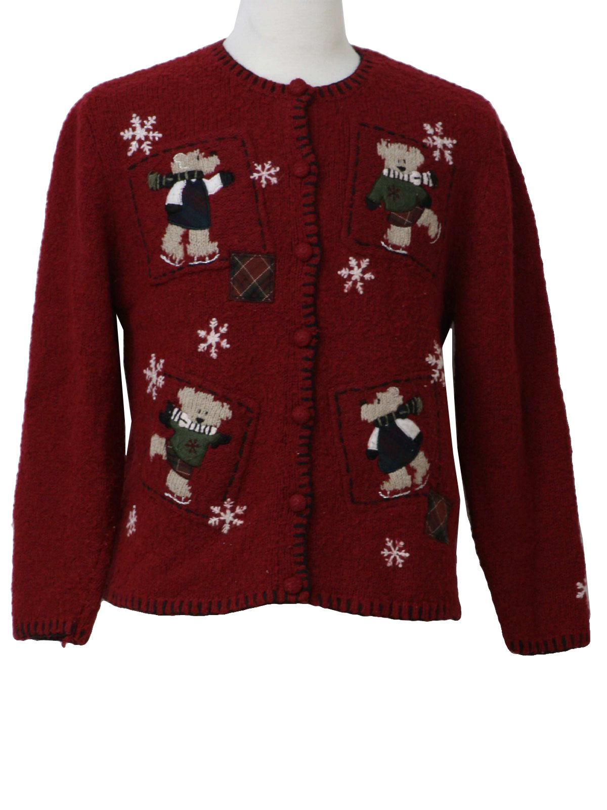 Womens Bear riffic Ugly Christmas Sweater Croft and Barrow Womens red background silk acrylic blend button front longsleeve Ugly Christmas sweater round neckline with snowflakes ice skating bears an...