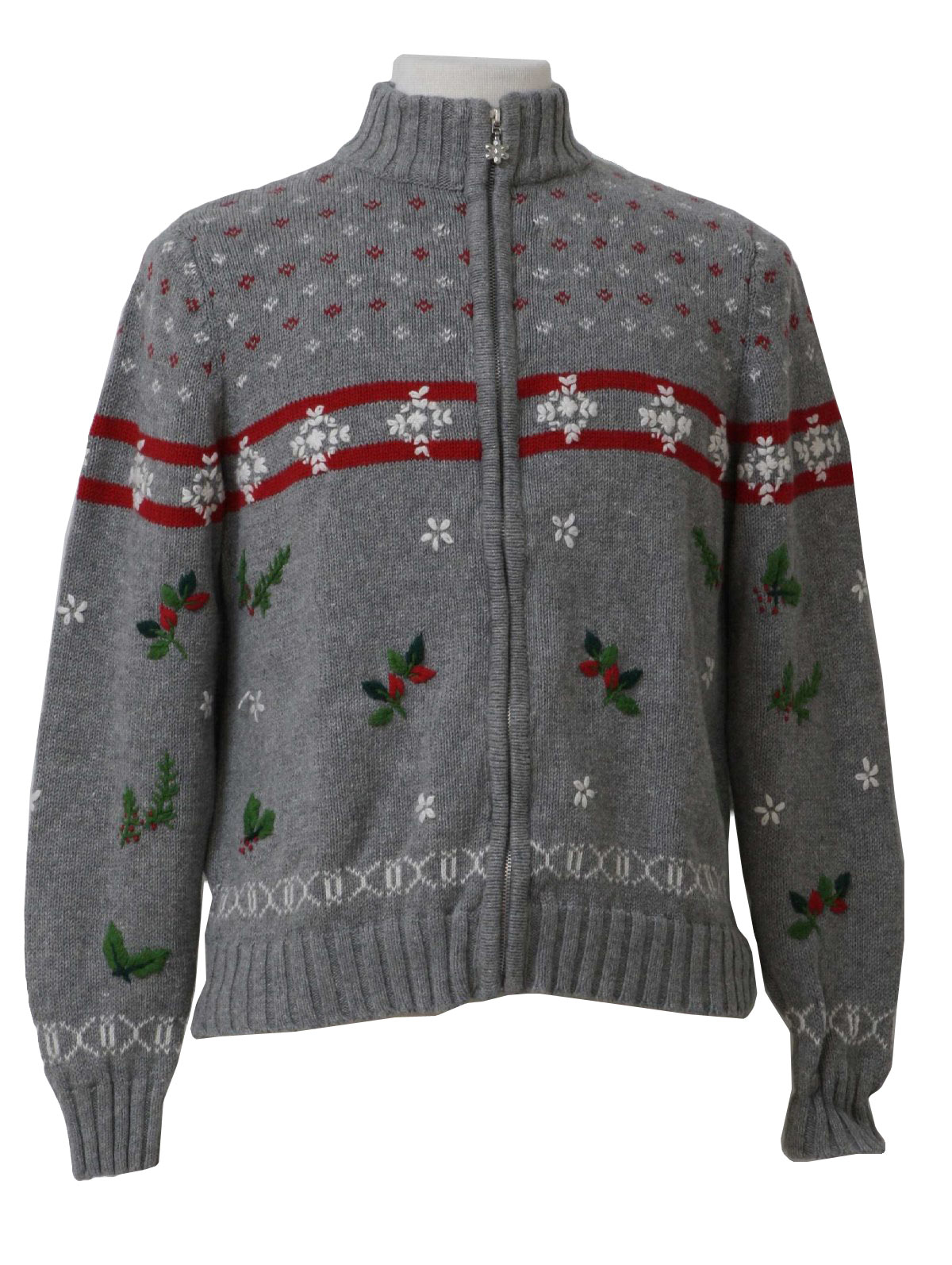 Womens Ugly Christmas Sweater Dress Barn Womens gray background cotton ramie blend zip front longsleeve ugly Christmas Sweater wide ribbed waistband cuffs and mock turtleneck collar with snowflakes ...