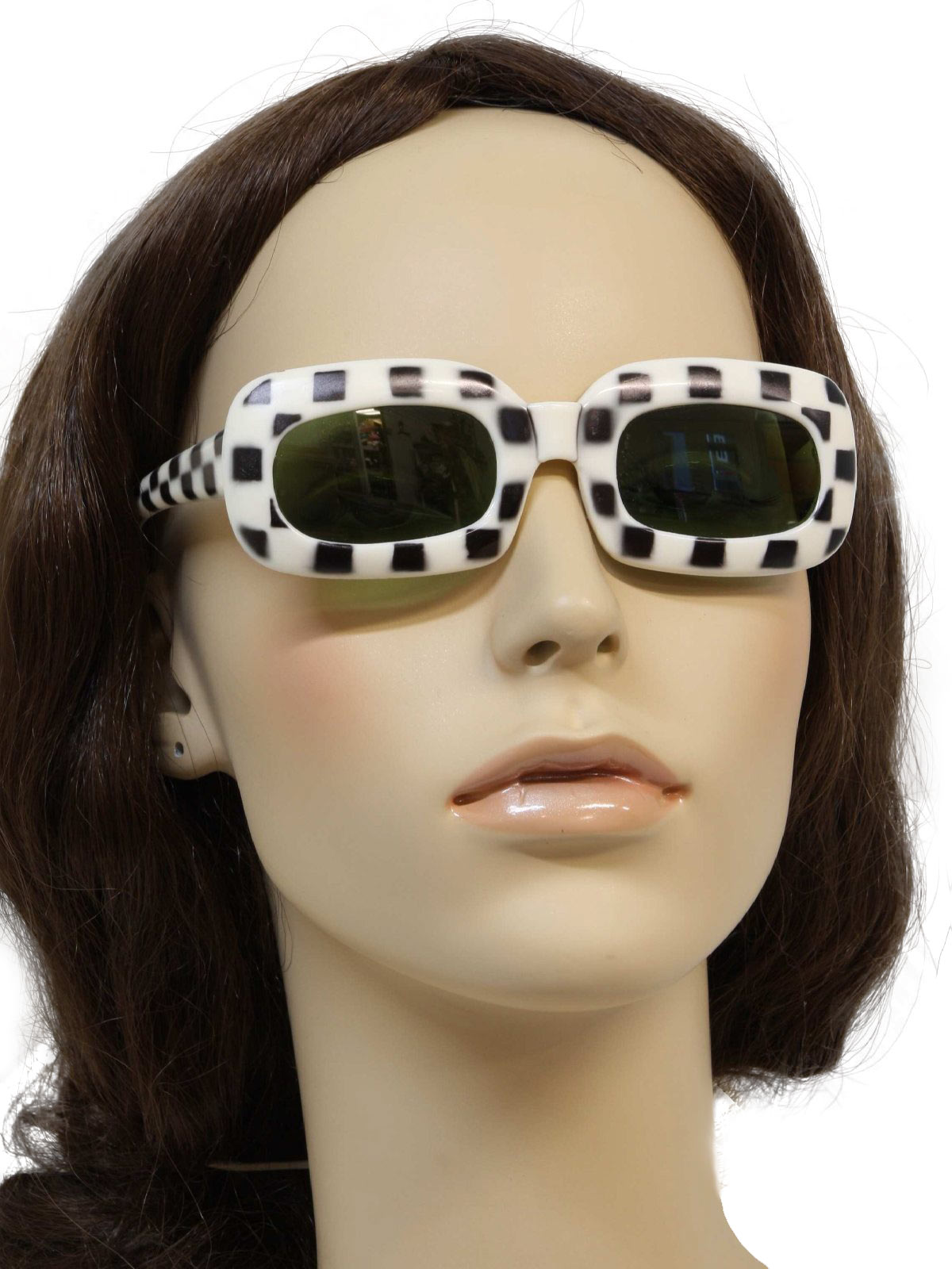 Retro 60s Glasses Italia Sunglasses Italy 60s Italia Sunglasses Italy Womens New Old ivory and black checkboard print cool plastic TV set shaped frames Mod sunglasses green glass lenses deadstock wi...